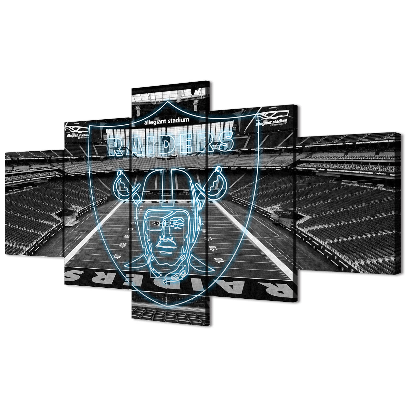 (80X150CM/5PCS) Frame Canvas Print Poster - American football Las Vegas Field Stadium with Neon Raiders badge - Black and White Sports Wall Art for