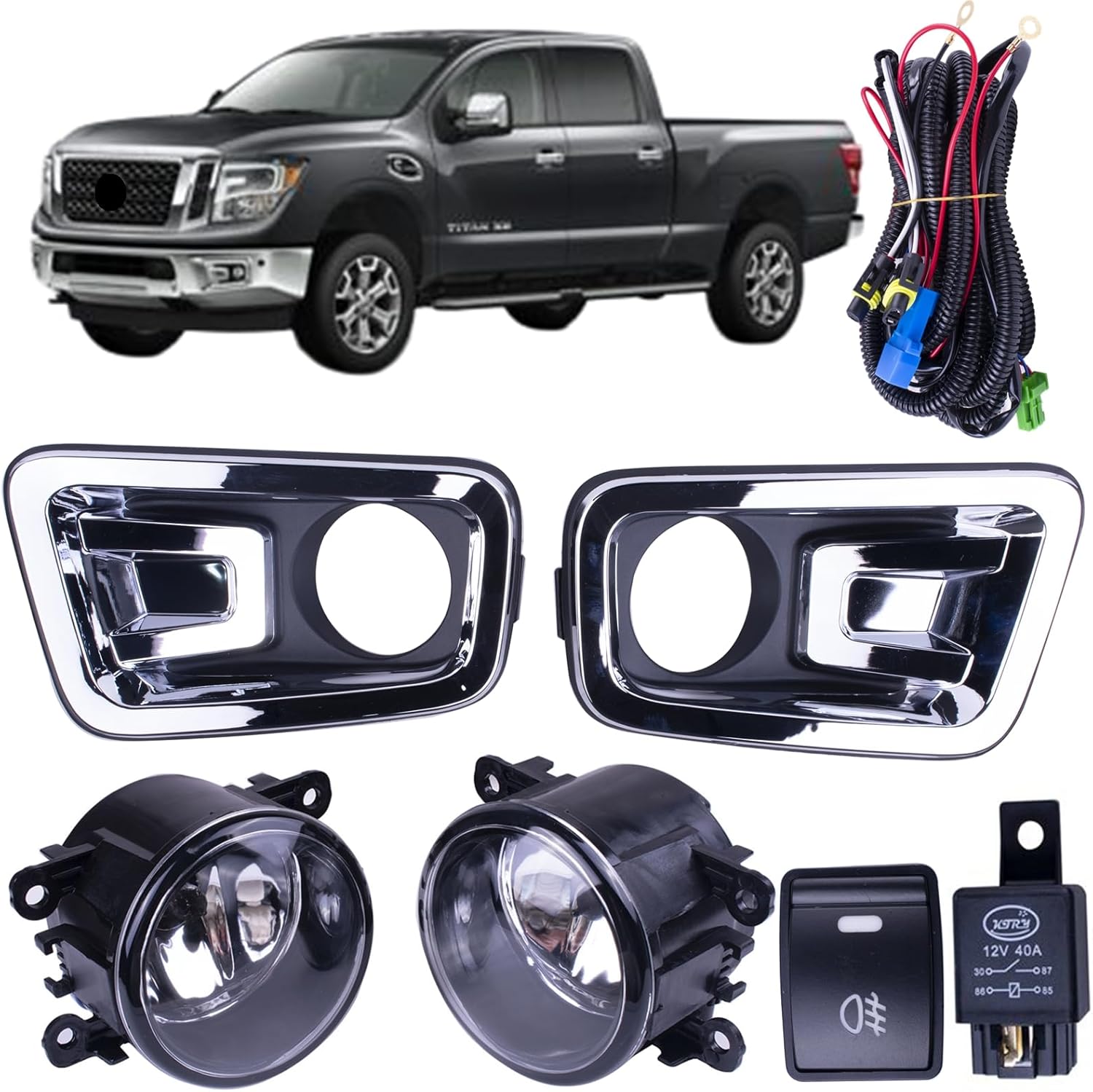 One Set Fog Light Lamps + Covers + Switch + Wiring Compatible With Nissan Titan 2017-2019 & Titan XD 2016-2019 Replaces 62257EZ02B NI1038152 NI1039152 261509B90E NI2592137C