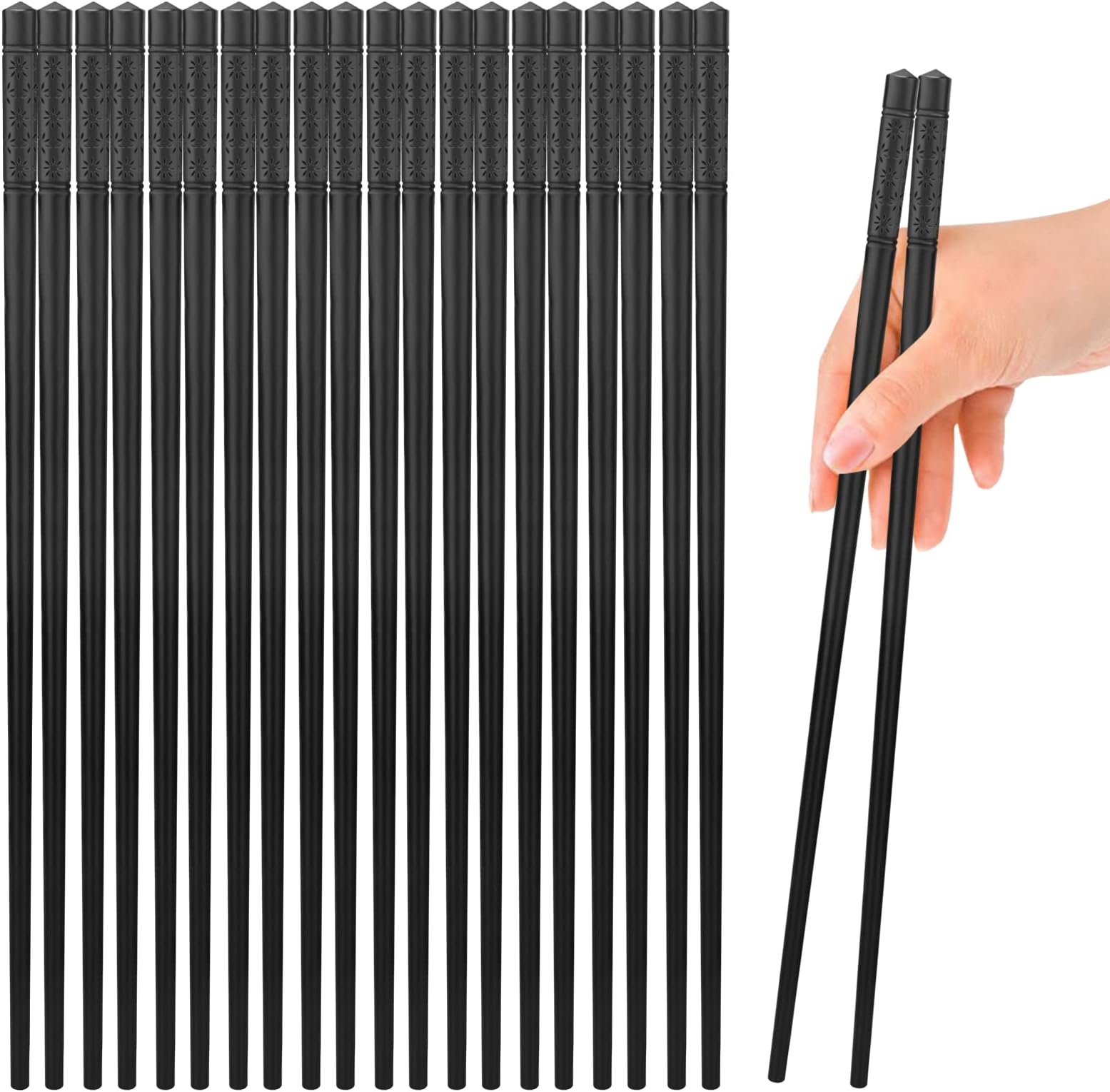 10 Pairs Non-Slip Fiberglass Chopsticks Gift Set for Asian Dishes Sushi Rice Noodles Ramen Dumplings, Premium Reusable Lightweight Chop Sticks Dishwasher Safe Easy to Use, Black Sakura Patterns