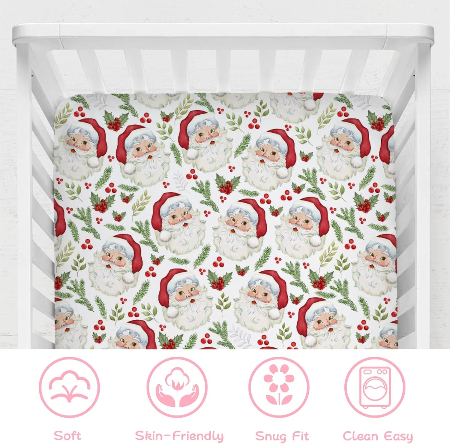 Cute Santa Claus Baby Crib Sheet 52''x28'' Christmas Cherry Fir Leaves Stretchy Fitted Crib Mattress Cover for Boy Girl Winter Holiday Soft Nursery Bed Sheets for Standard Crib and Toddler Mattress