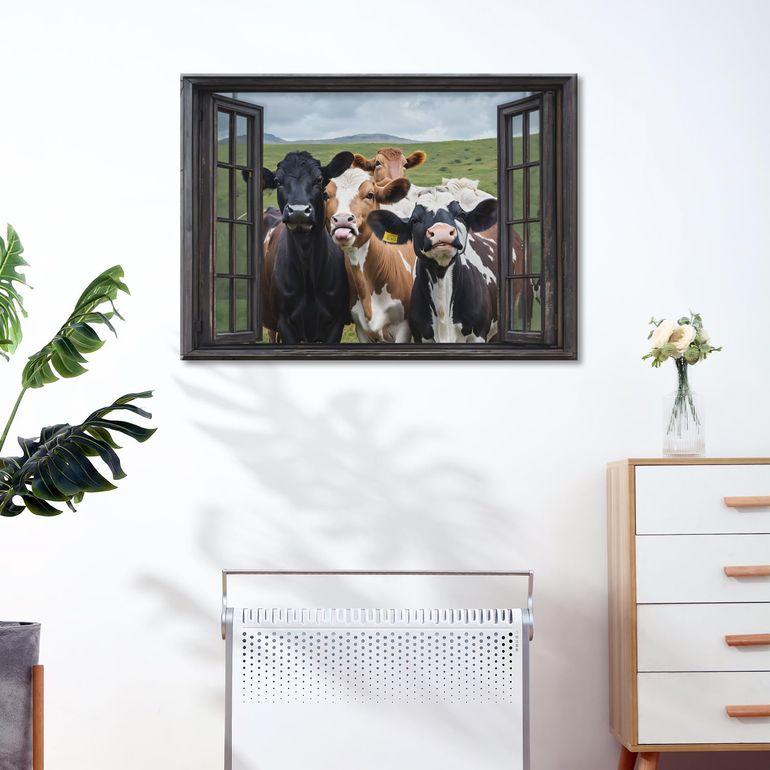 GLOKAKA Farmhouse Cow Wall Art Rustic Funny Friends in The Window Landscape Cattle Canvas Print Picture Farm Animal Painting Artwork for Bathroom Bedroom Living Room Decor - Image 2