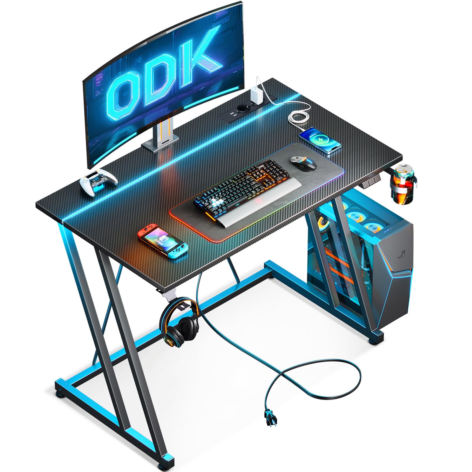 ODK 80 × 50 cm Mesa Gaming con Luces LED y Toma de Corriente, Escritorio Gaming con Soporte para Taza y Gancho para Auriculares, Diseño Doble Z Mesa Mesa Ordenador Fibra de Carbono Negro