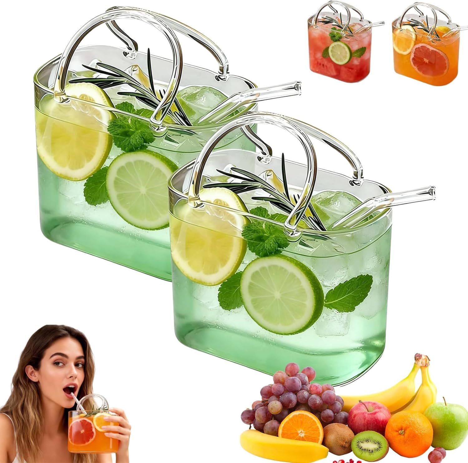Glass Purse for Drinks, 26 Oz Purse Drinking Bag Glass, Handbag Shaped Cocktail Glasses with Straw, Glass Purse Vase for Cute Room Decor, Gifts for Women (2pcs)