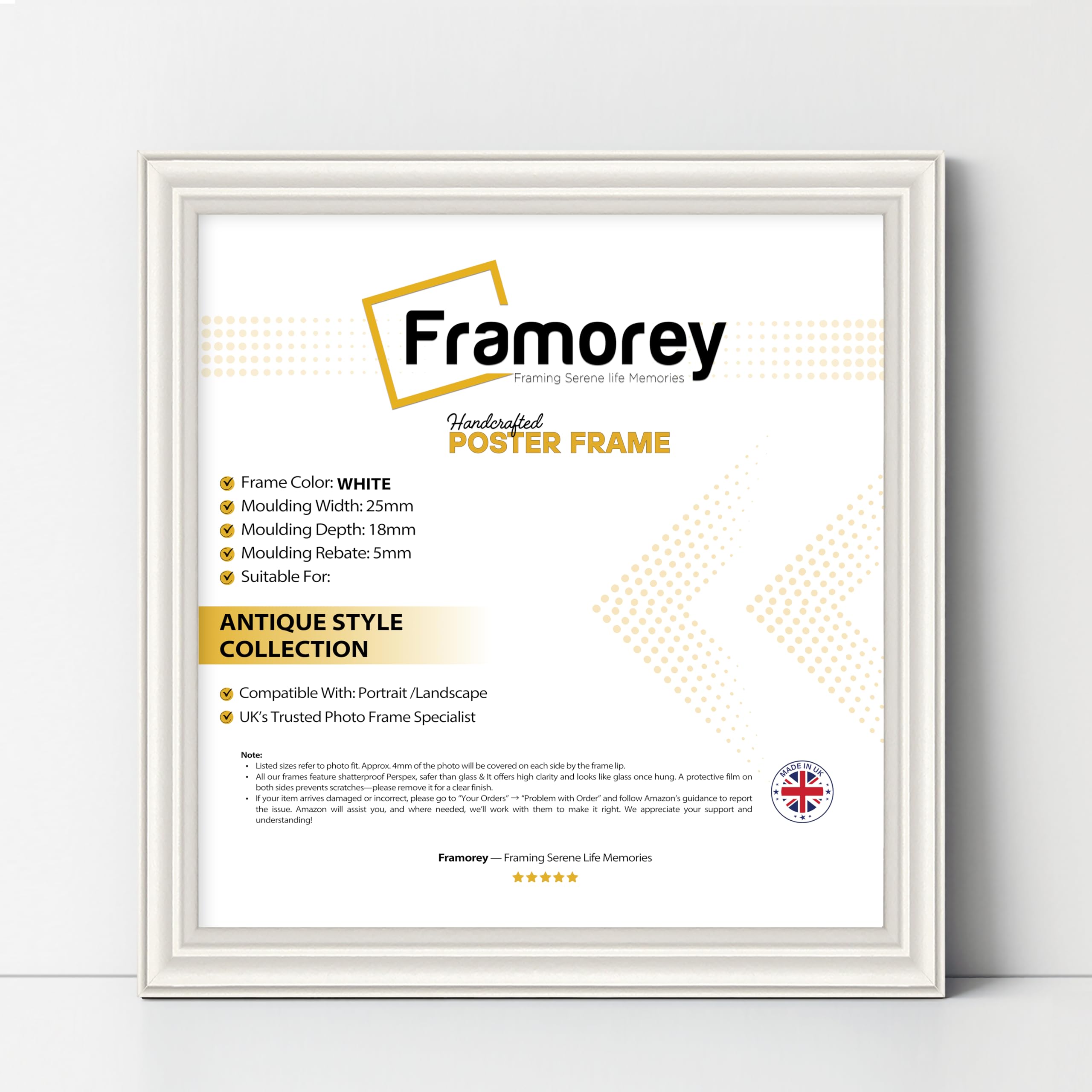Framorey Framing Serene Life Memories White Framorey Square Picture Frame, 35X35cm Size Photo Frames, Lw Antique Poster Frame, Wall Hanging Oxford Frames, Premium Wooden Effect Frame