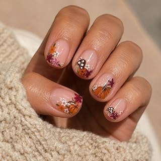 24 Stück Kürbis-Ahornblatt-Blumen-Pilz-Panzerplatten, Herbstliche künstliche Fingernägel, Kürbis Fingernägel für Frauen & Mädchen