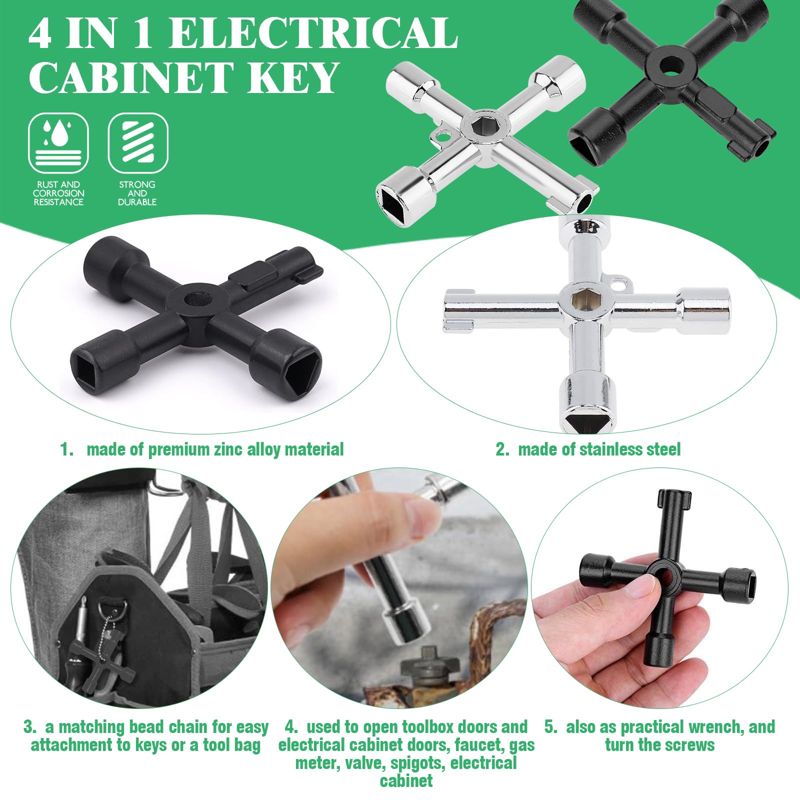 Yuahar - Kit de llaves multifuncionales de 13 piezas que contiene llaves de 4 vías, llaves de grifo de agua, llave de sillcock, llave de armario para radiadores, cajas de medidor eléctrico de gas,