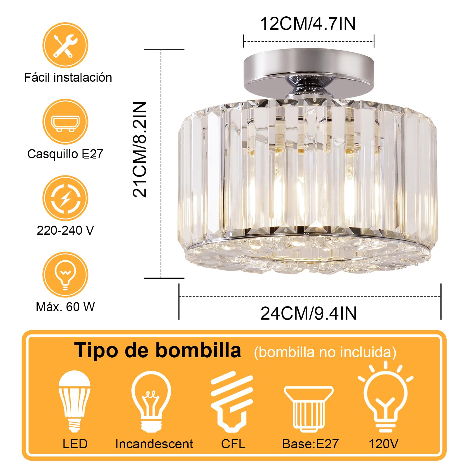 Lámpara de Techo de Cristal Moderna, Luz de Techo Plata, E27 Lámpara de Araña con Pantalla de Cristal para Pasillo Entrada Cocina Dormitorio Sala de Estar