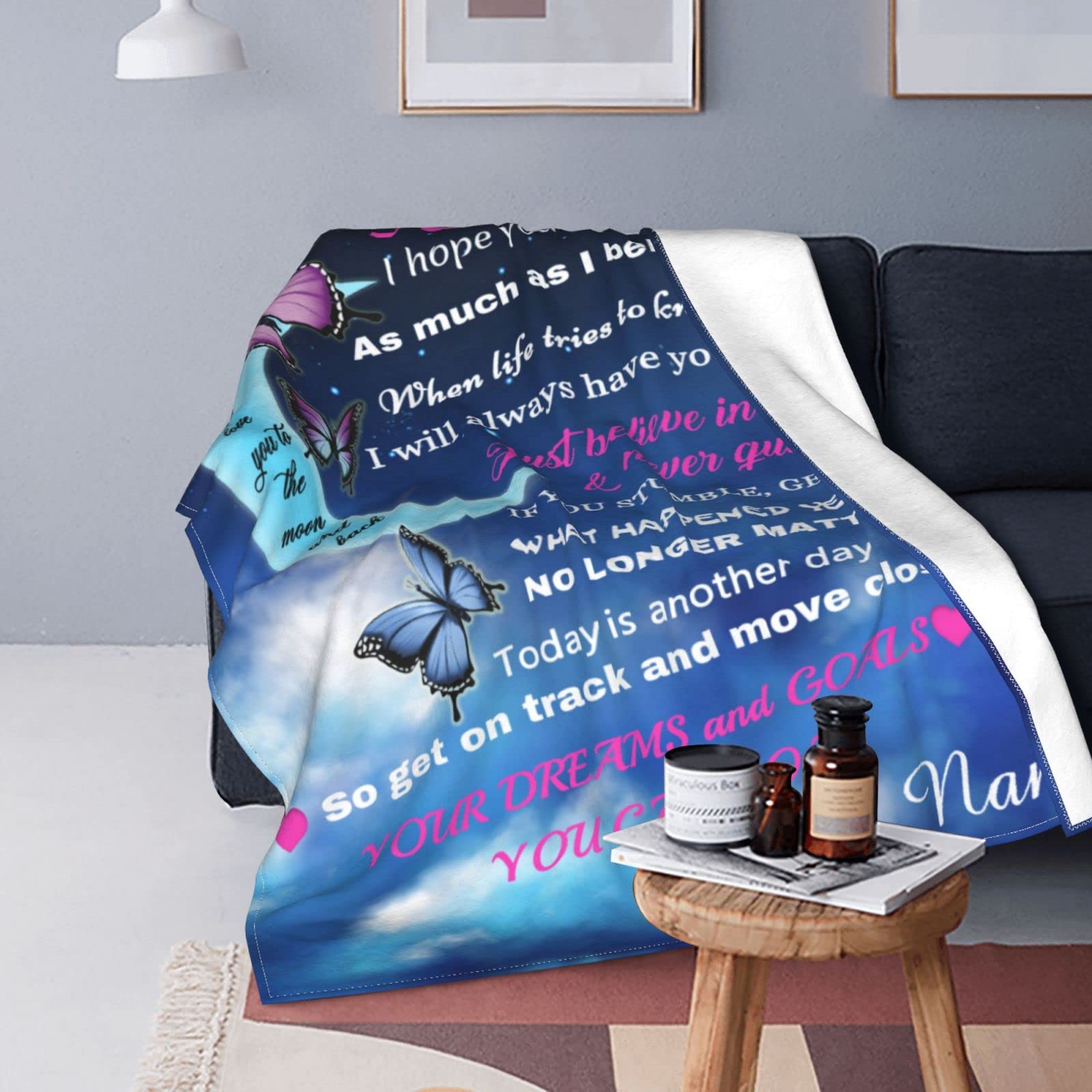 PFCNYMUA Personalized Custom Name Blanket Love Letter to My Daughter from Dad & Mom, Butterfly Moon Customized Blankets Bed Throws 40x50 Inches 40x50 Inches