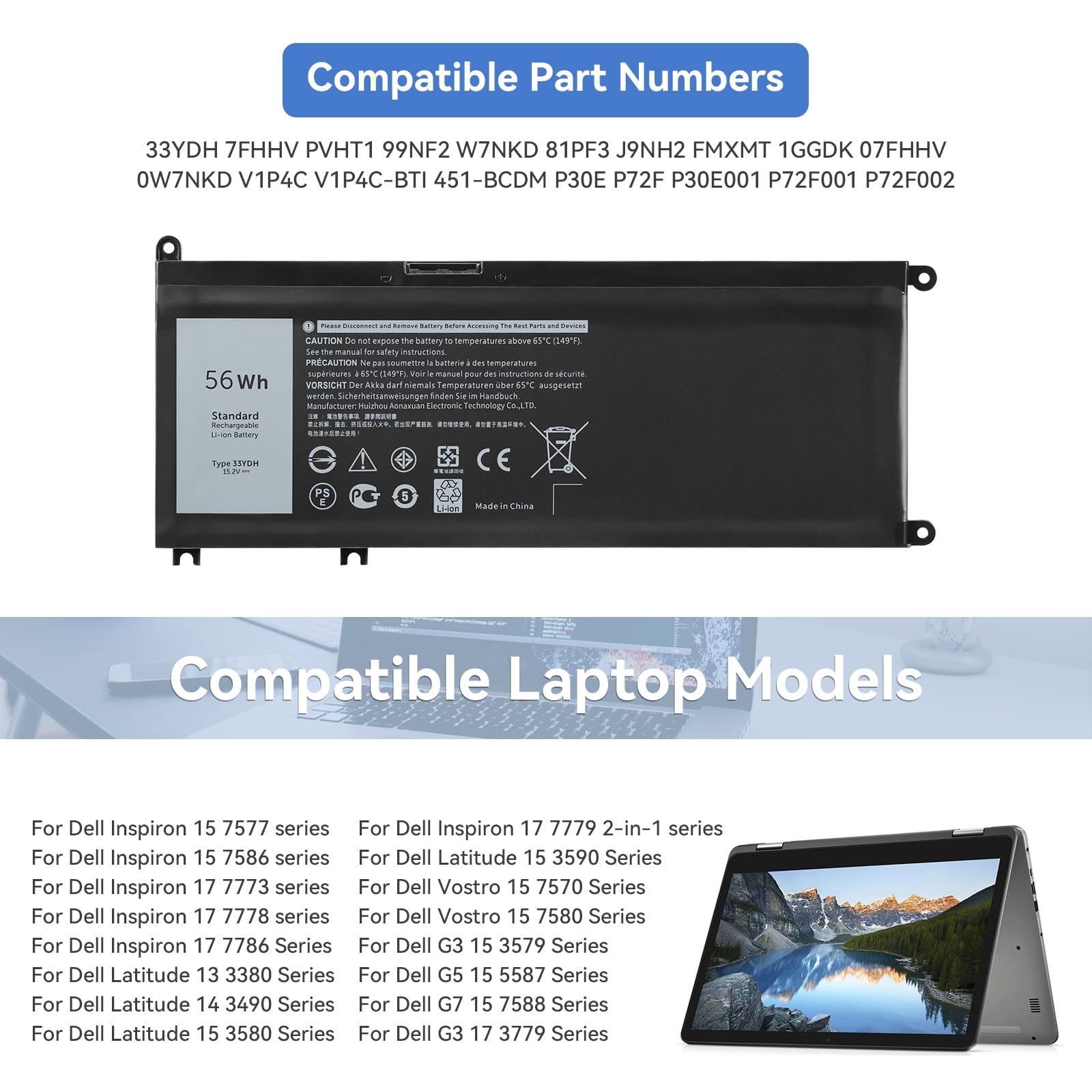 K KYUER 33YDH Batteria per Dell Latitude 13 3300 3380 3400 14 3480 3490 3500 3580 3590 3488 3588 Inspiron 7577 7586 7773 7778 7779 7786 2-in-1 Vostro 7570 7580 G3 15 3579 17 3779 G5 15 5587 G7 7588