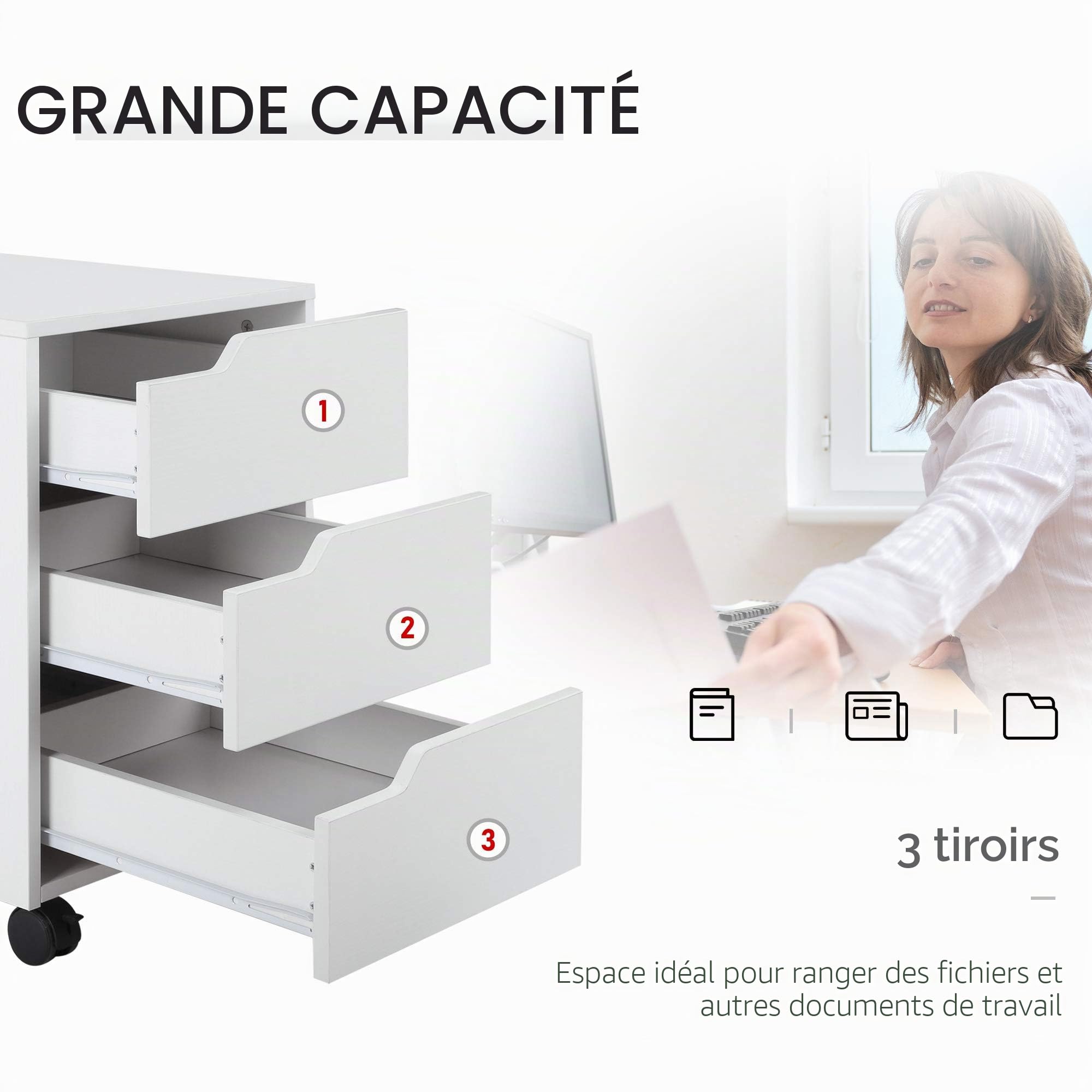 Caisson de bureau rangement sur roulettes 3 tiroirs verrouillables 40 x 50 x 57,5 cm MDF blanc