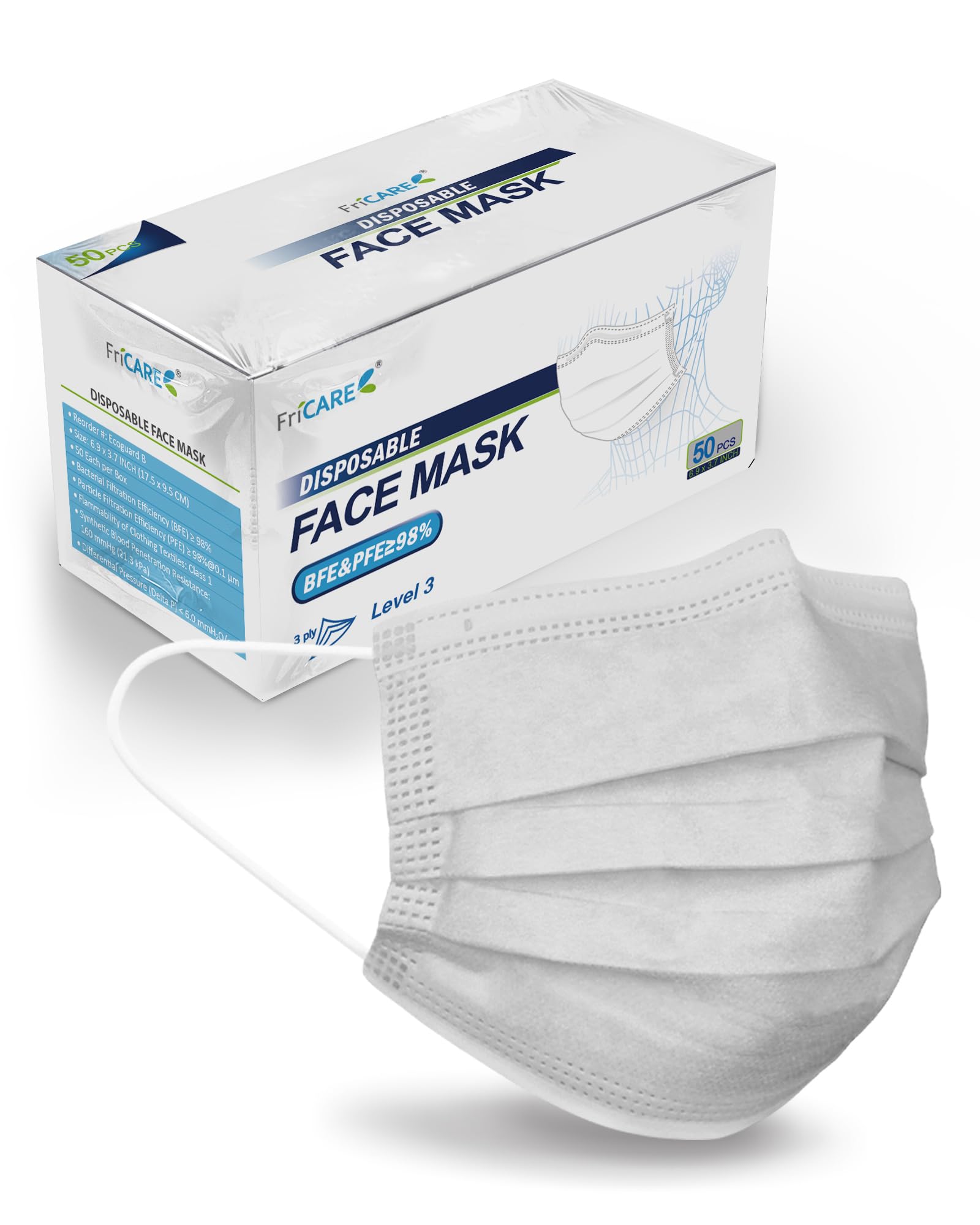FriCARE Disposable Face Masks for Adults, 3 Ply ASTM Level 3 Medical Grade