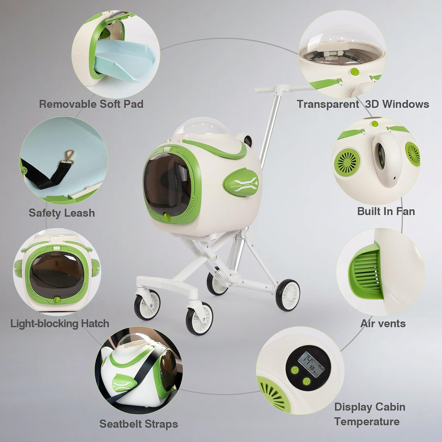 4 in 1 Foldable Pet Stroller with Detachable Carrier for Small Dogs & Cats, Space Capsule Travel Stroller with Inbuilt Fan,Temperature Display & Night Light,Puppy Kitty Doggie Bunny Stroller (Beige)