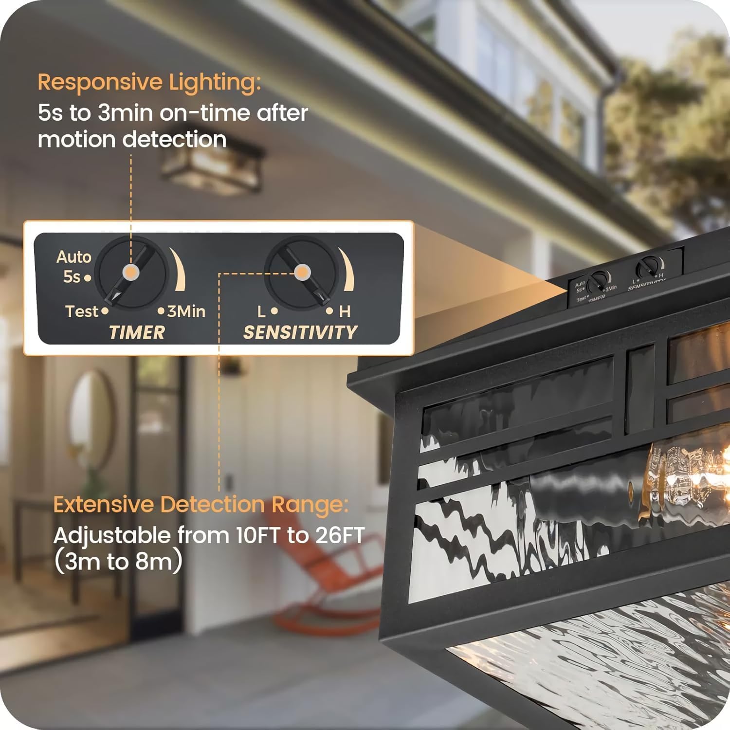 Lámpara de techo exterior con exterior de movimiento, E27 Lámpara de techo de cristal, diseño industrial atemporal, IP65, impermeable, lámpara de techo negro para puerta de entrada, balcón