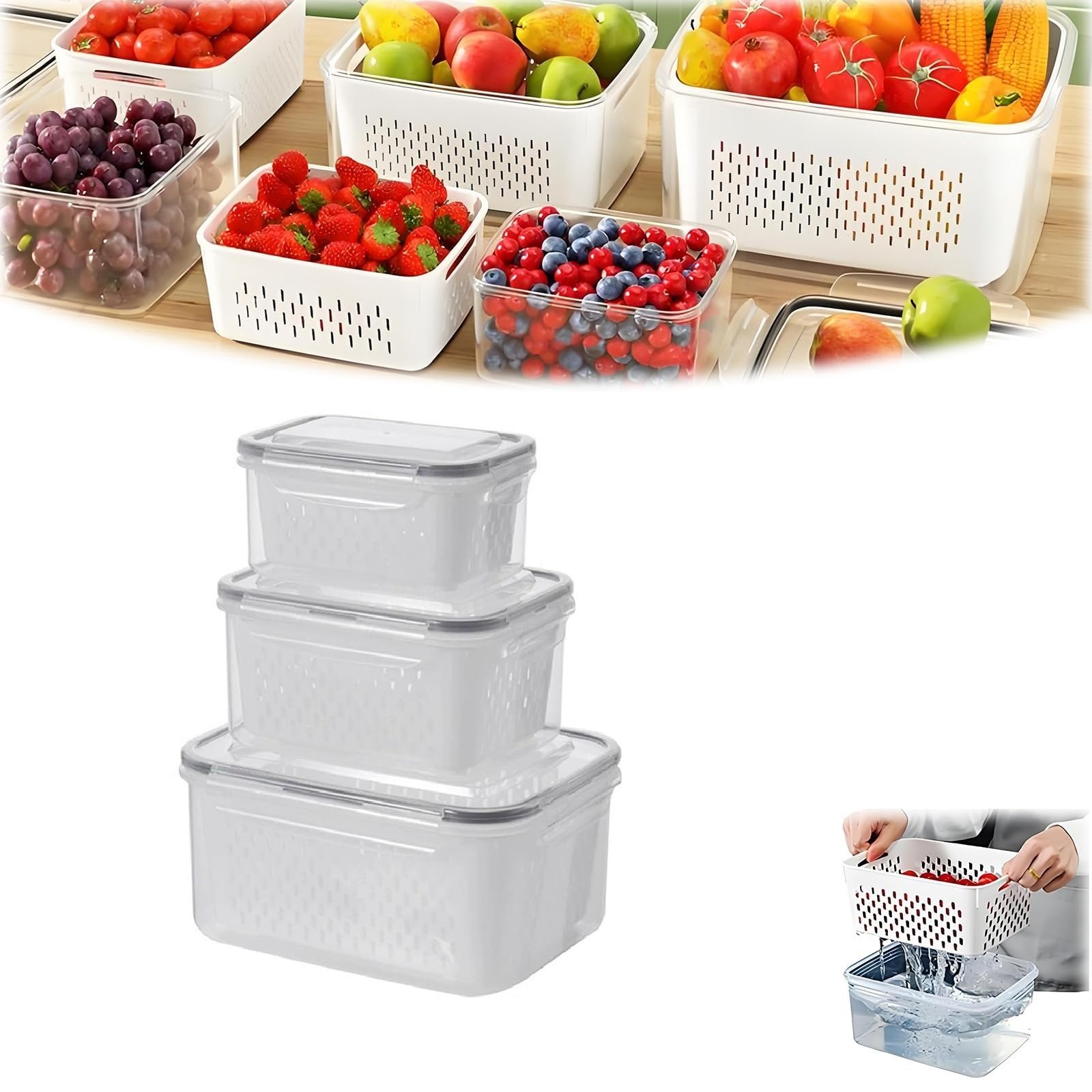 Fruit Storage Containers for Fridge, 4 in 1 Food Storage Container, Produce Storage Containers with Lid and Strainer, Including Drain Basket, Multipurpose Large Fruit Containers for Fridge