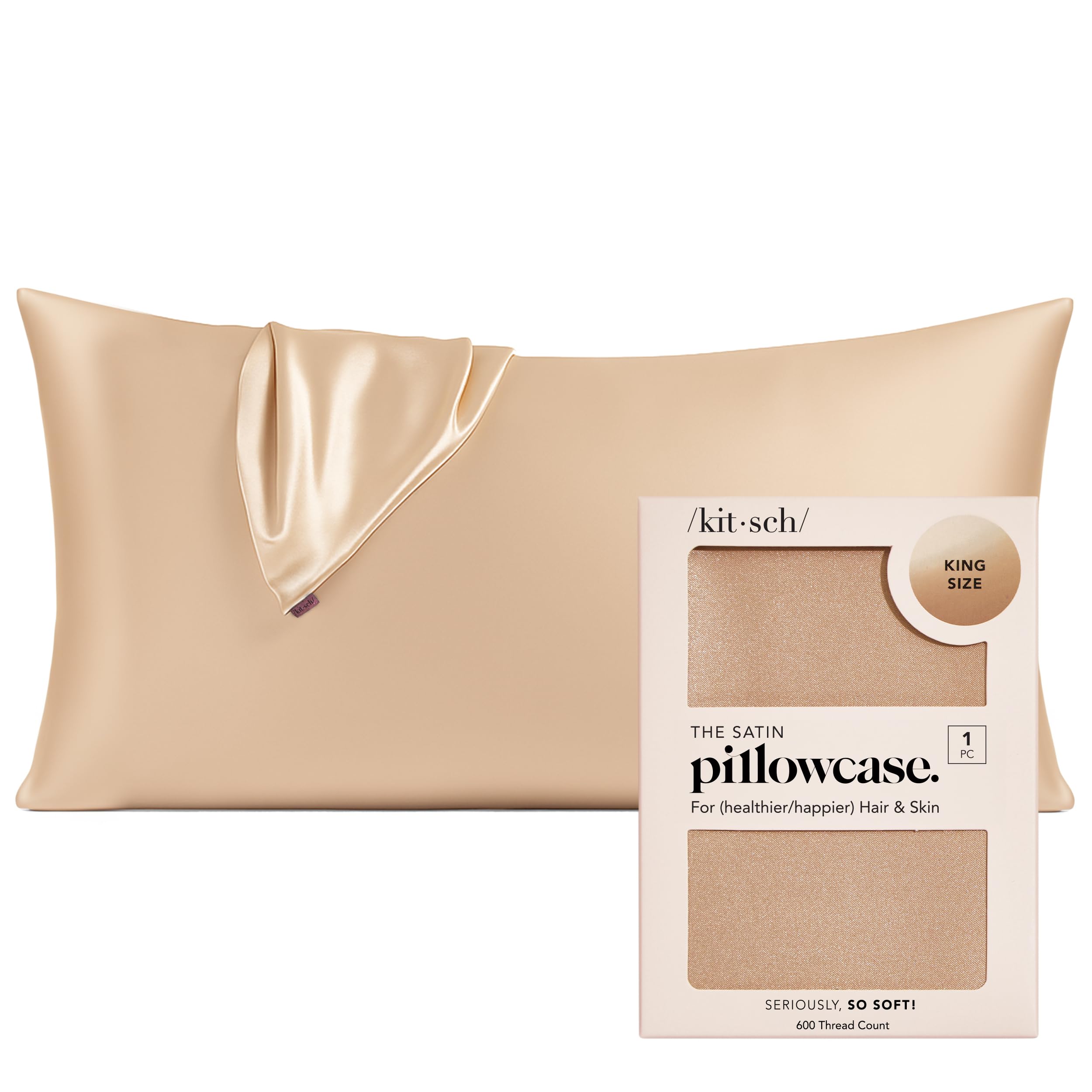 Kitsch Satin Pillowcase for Hair & Skin - Softer Than Silk, Cooling With Zipper | King Size Pillow Case Cover (Champagne, 1 Pack)