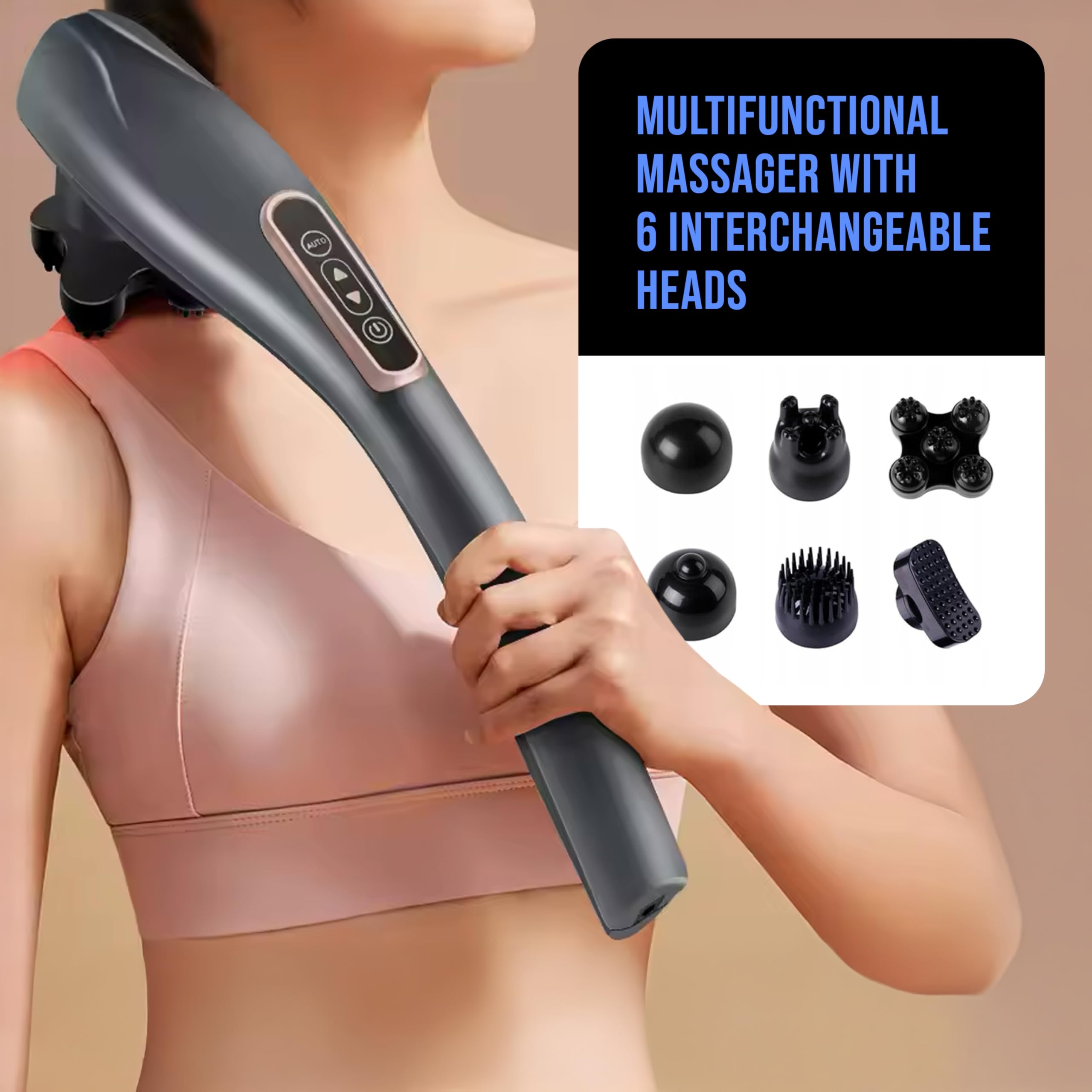 Masajeador inalámbrico para cuerpo y espalda, 6 cabezales, función de calefacción, LCD, 12 modos, 10 niveles de potencia: relajación y alivio del dolor muscular, cuello y piernas