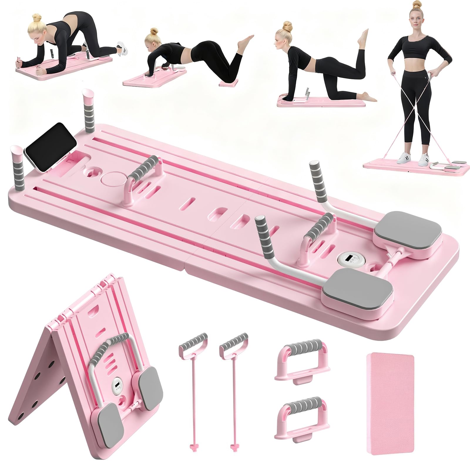 Pilates Board - 5 in1 Pilates Reformer Set, بيلاتس جهاز Pilates Reformer Machine with Timer,Multi-Purpose Foldable Pilates Machine for Home Use and Gym Workout,Pilates Sliding Board for Home Women Men Pink