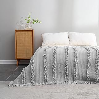 Ultra Soft Pre-Washed Quilted Boho Grey King Size Blankets for Bed, Ruffle Fringed Decorative