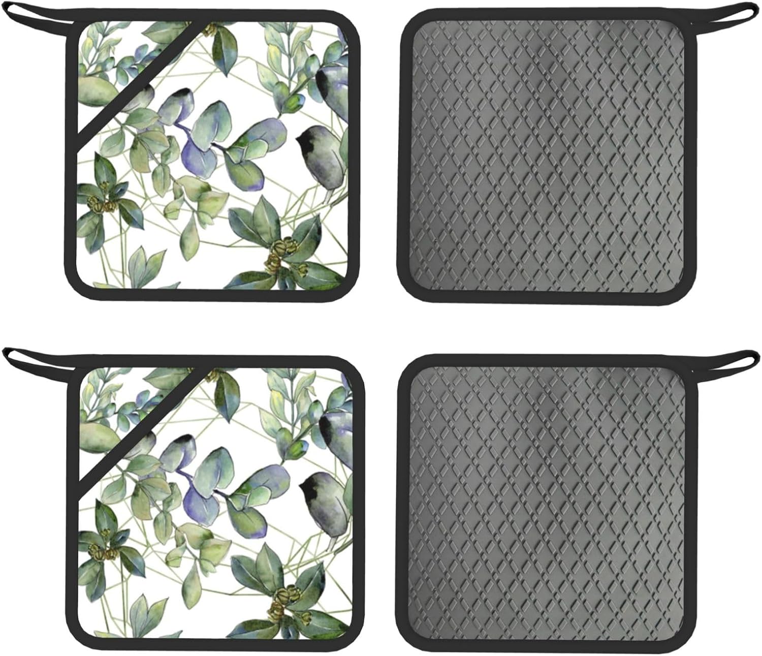 Green Eucalyptus Leaves Oven Mitts and Pot Holders Set of 4 Heat Resistant Kitchen Gloves with Silicone Palm Hot Pads for Baking Cooking Grilling BBQ