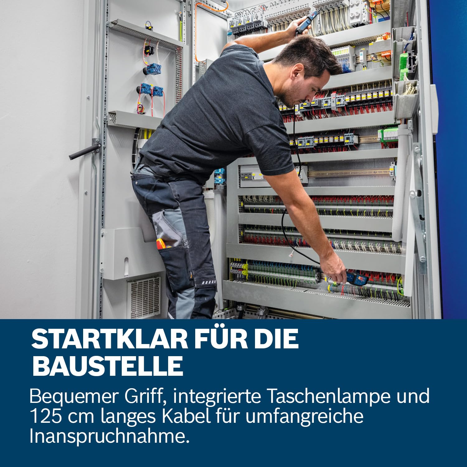 Bosch Professional Spannungsprüfer GVT 1000-15 (Spannungsprüfung bis 1000 V AC/DC, LED-Feedback, Summer, Vibrationsalarm, IP65, eingebaute Taschenlampe, 125 cm Kabel, 2x1,5 V LR03 (AA), Tasche)