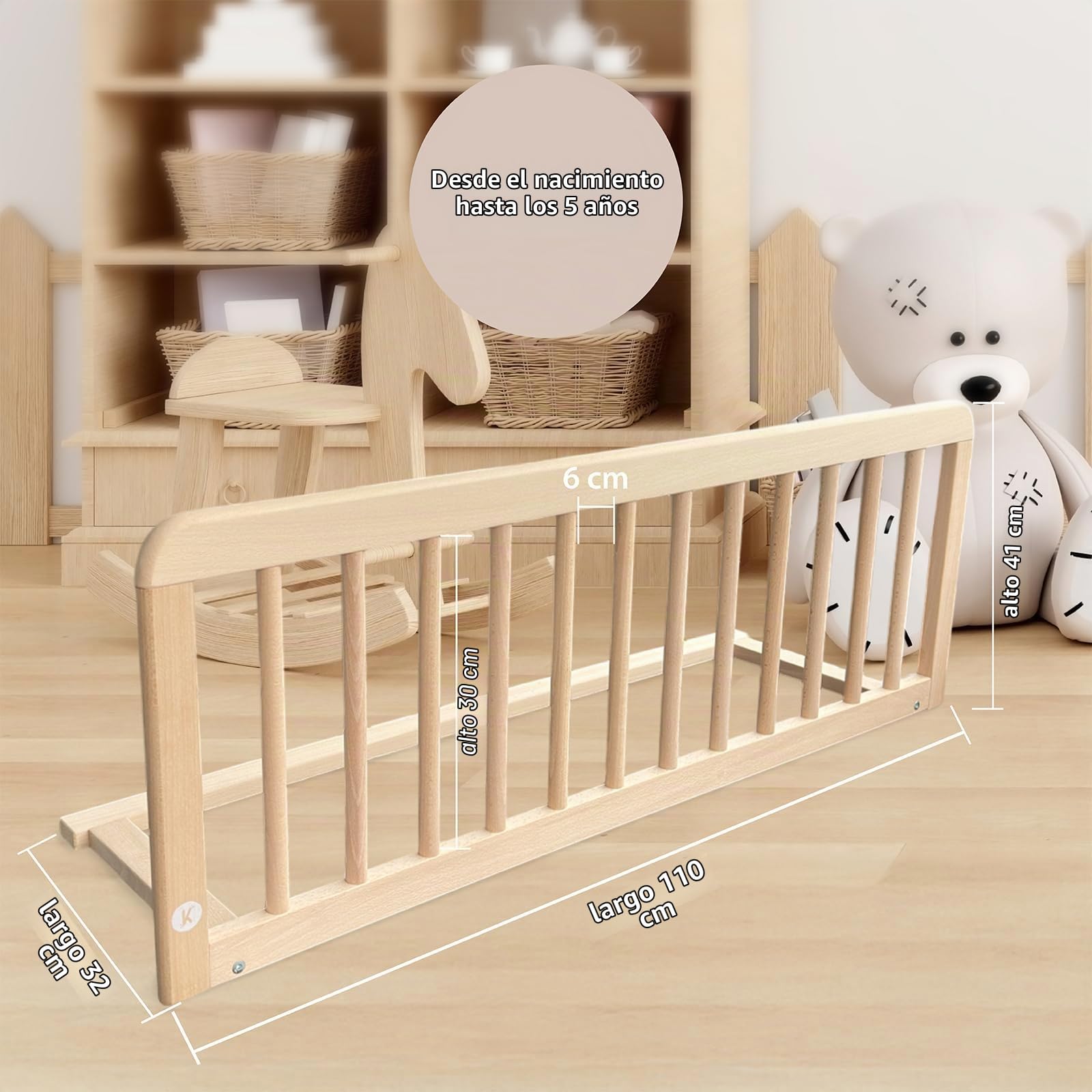 Kadolis - Barrera de Cama Turia de Madera Maciza - A110cm x A41cm - Asegurada con Barras macizas - Protege contra Las caídas
