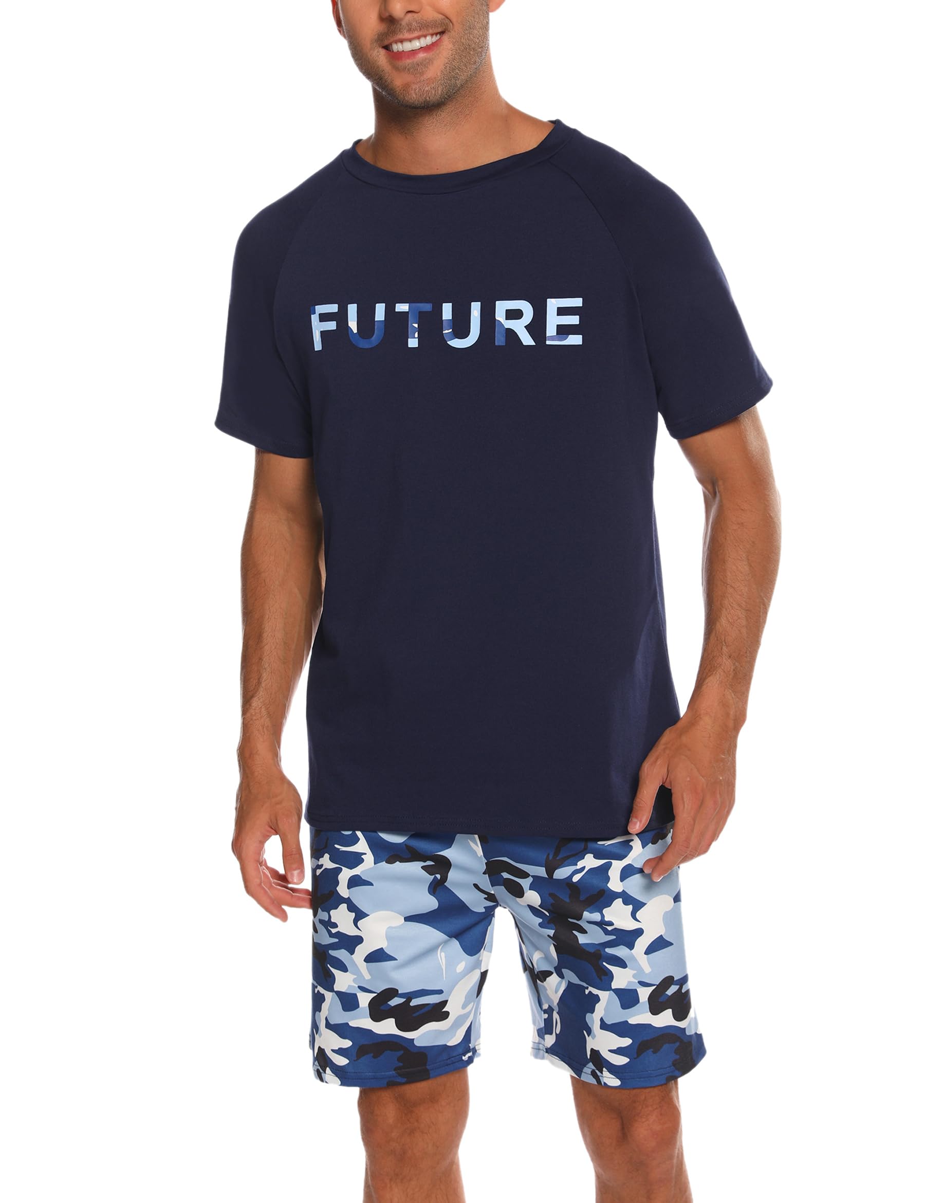 Nieery Schlafanzug Herren kurz Baumwolle Sommer PyjamaSet Bedrucktes Kurzarm T-Shirt und Schlafanzughose Shorts mit Camouflage Muster