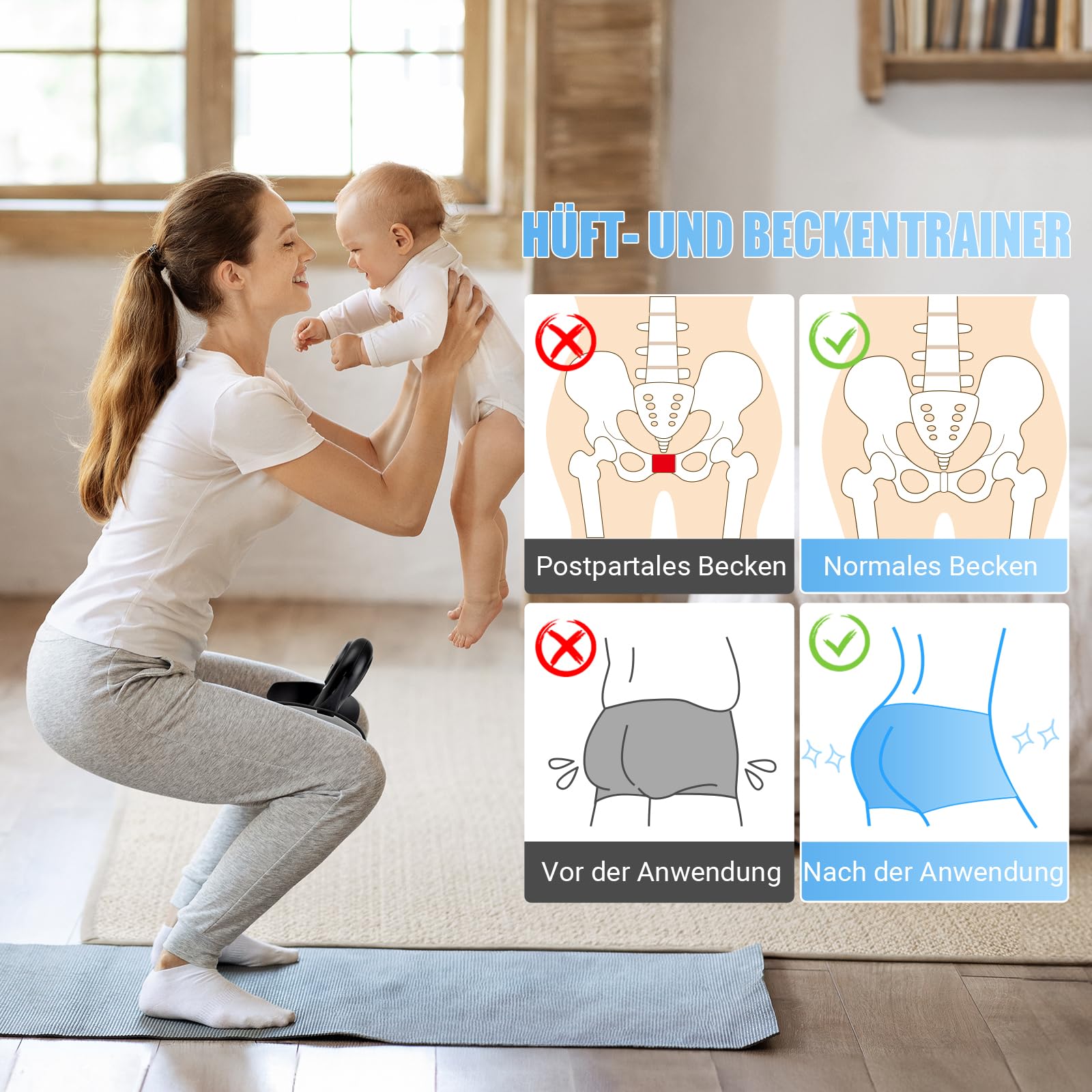 Oberschenkeltrainer, 15-70 lbs Beckenbodentrainer für Frau, Multifunktionaler Gesäßtrainer, Po Trainer mit Resistance Bands, Beinpresse für Zuhause, Beckenboden Trainingsgerät zum Formen, Yoga