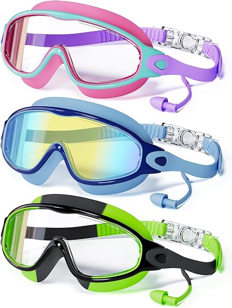 3 Pack Swimming Goggles, Kid Goggles with Earplugs Large Frame Anti-Fog/UV Wide View Swim Goggles Boys Girls 4-12 - 1