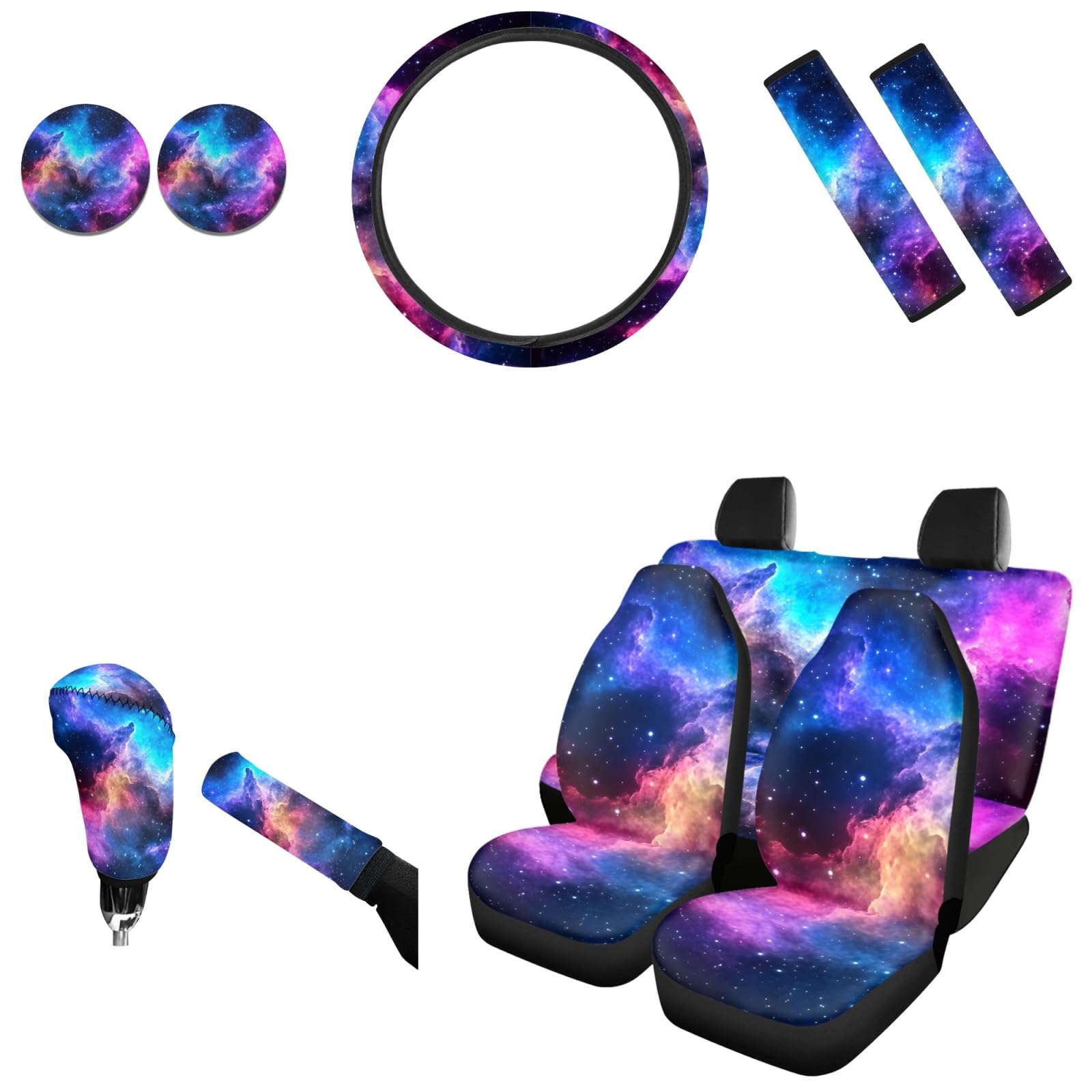 AFPANQZ Nebula Galaxy Car Seat Covers with Steering Wheel Cover, Seat Belt Shoulder Pads, Cup Holder Coasters, Gear Shift Knob and Handbrake Protector