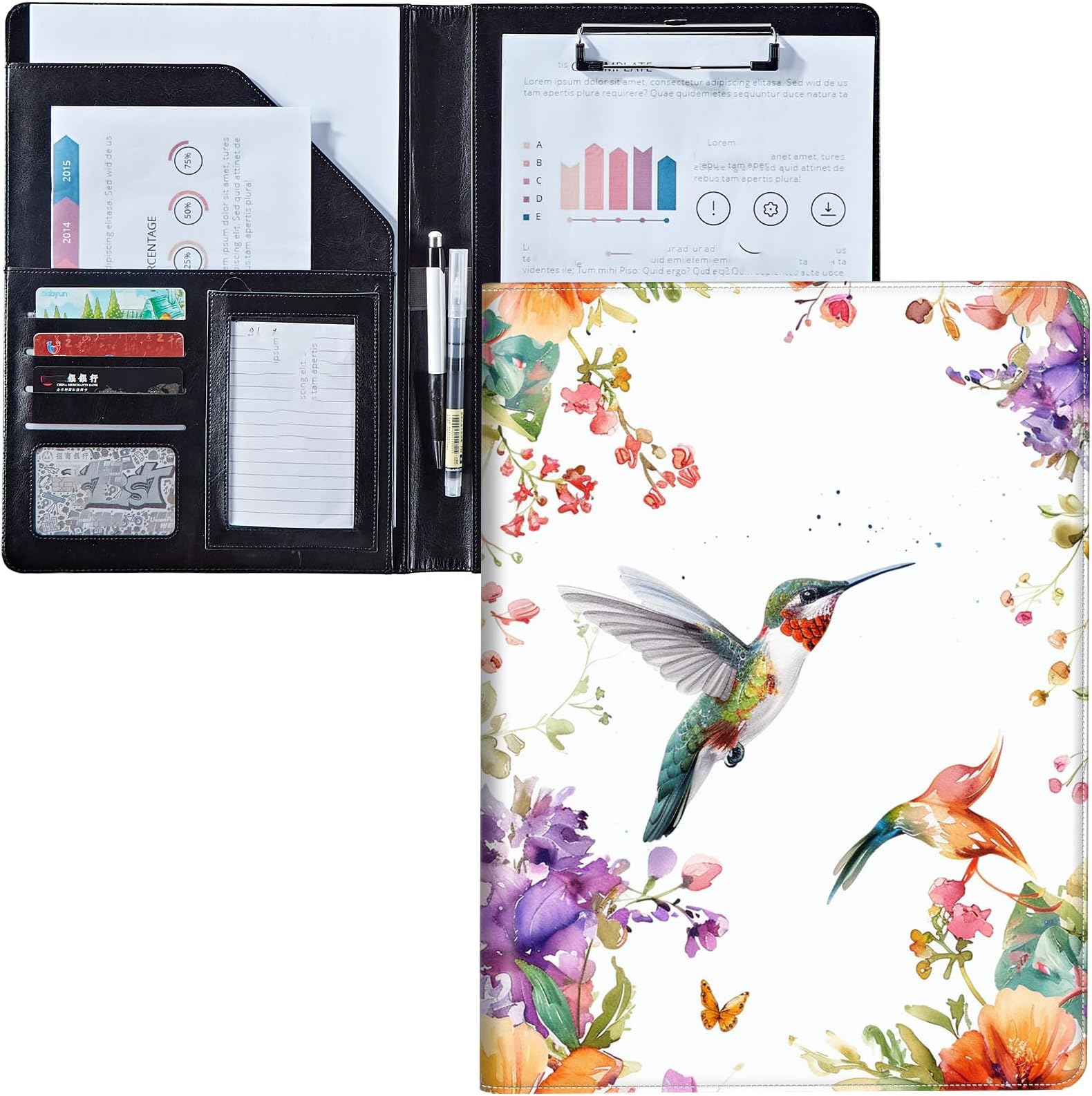 Padfolio Clipboard Folder Portfolio Notepad Organizer, PU Leather Interview Resume Folder,with Business Card Holder/Letter A4 and Writing Pad/Mobile Phone Storage Pocket,Hummingbird Flowers