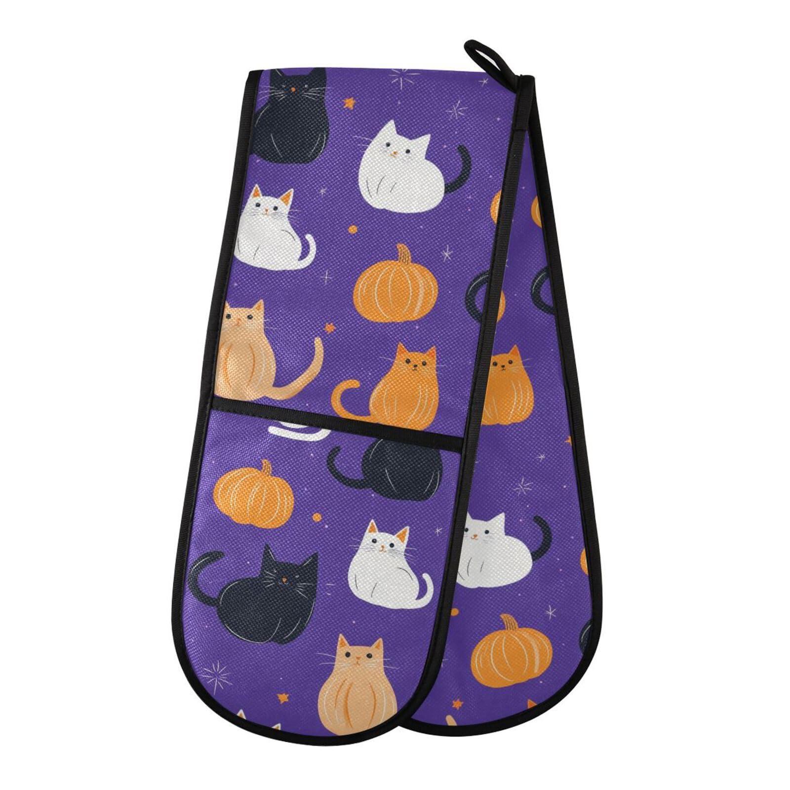 Double Oven Gloves Halloween Cats Punmpkins Purple Heat Resistant Pot Holder Oven Mitt Gloves for BBQ Cooking Baking Grilling Microwave