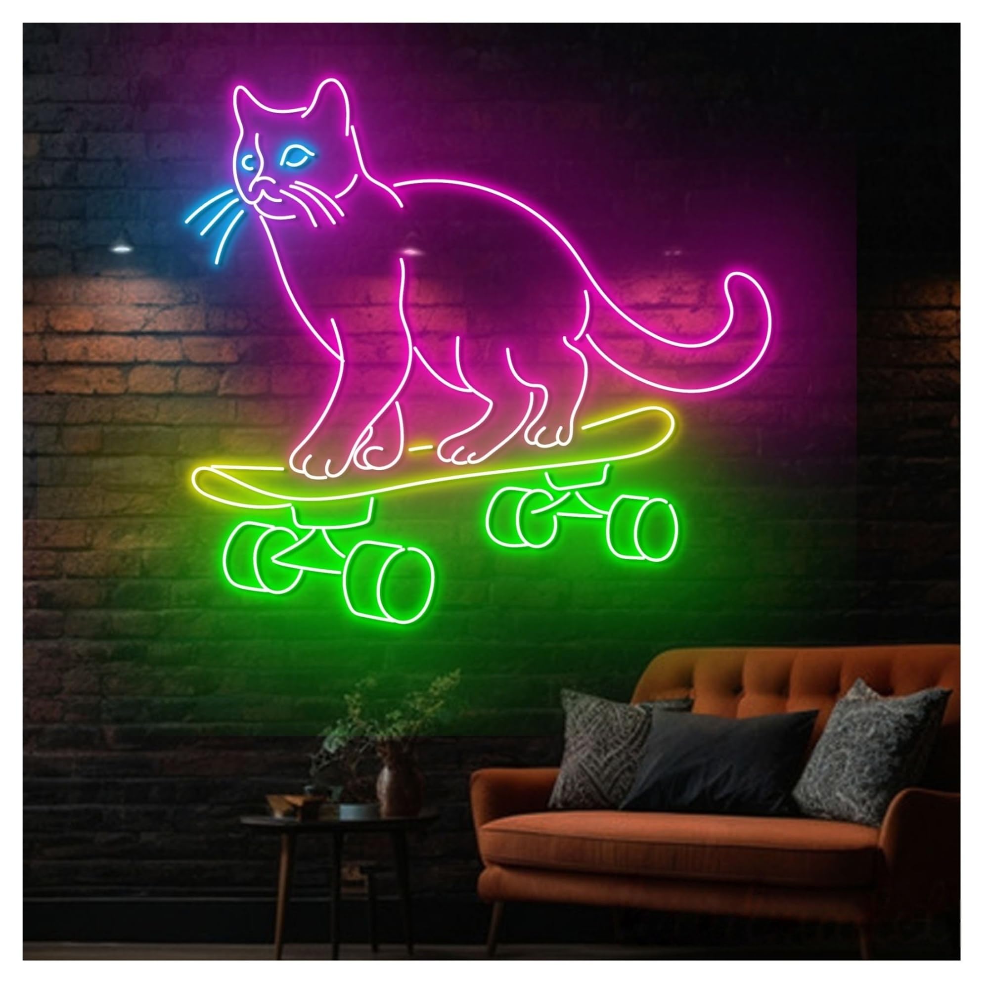 Luces de neón Letrero De Neón Con Diseño Gato Patinando, Luz LED Para Habitación, Decoración Del Hogar, Sala Juegos, Dormitorio, Bar, 63cm