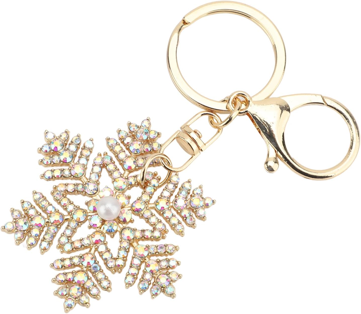 Bling Rhinestone Snowflake Charm Keychain, Sparkling Pearl Bag Charm Key Chain, Cute Snowflake Keyring Accessories for Women's Handbags, Car Keys and Purse Decor (White Colorful) - Image 2