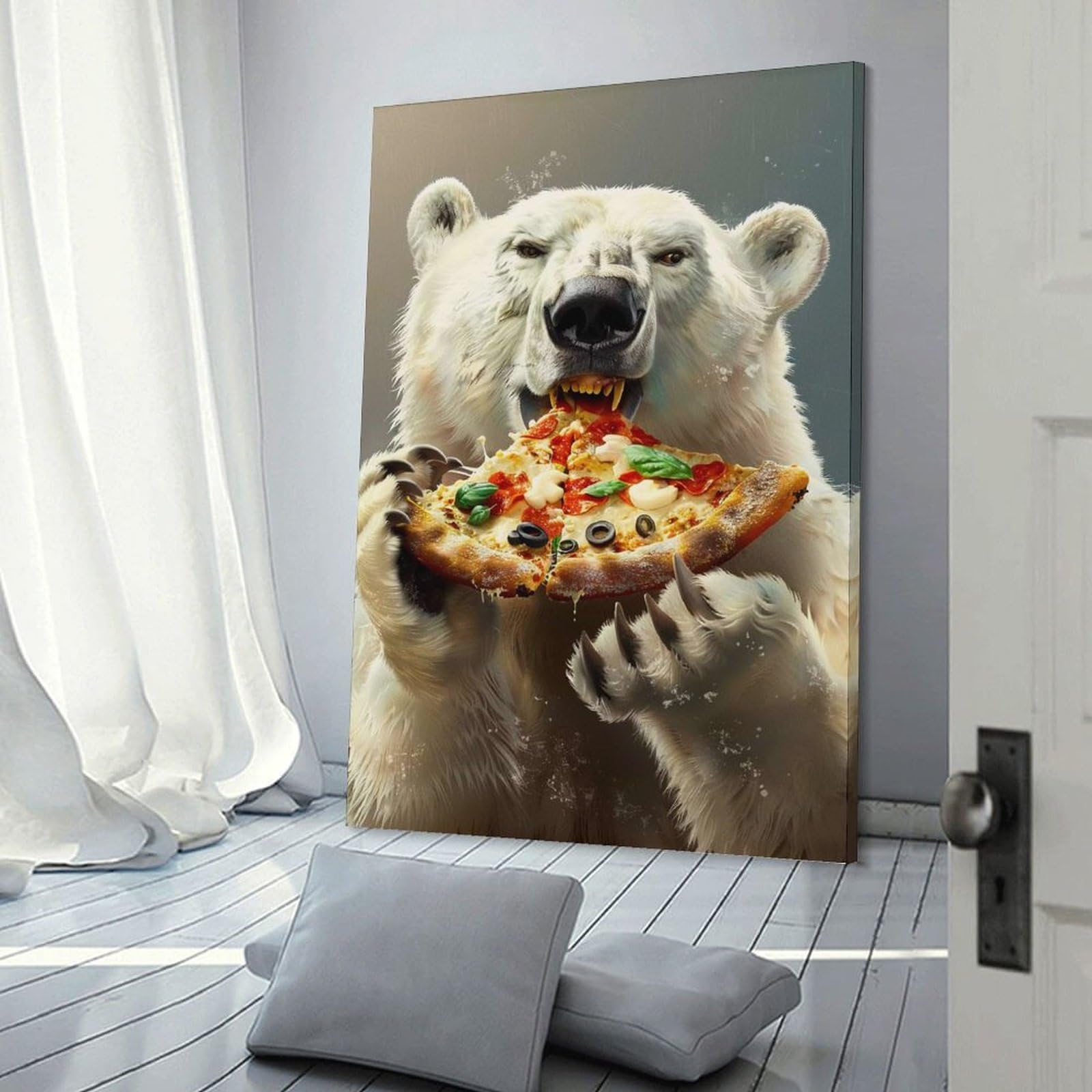 Junmoney Frame-Style-8 Polar Bear Pizza Room Decor Wall Art, 24X36inch(60X90cm), For Living Spaces, Bedrooms Or Relaxed Rooms, Canvas Styling For A Polished Room Look