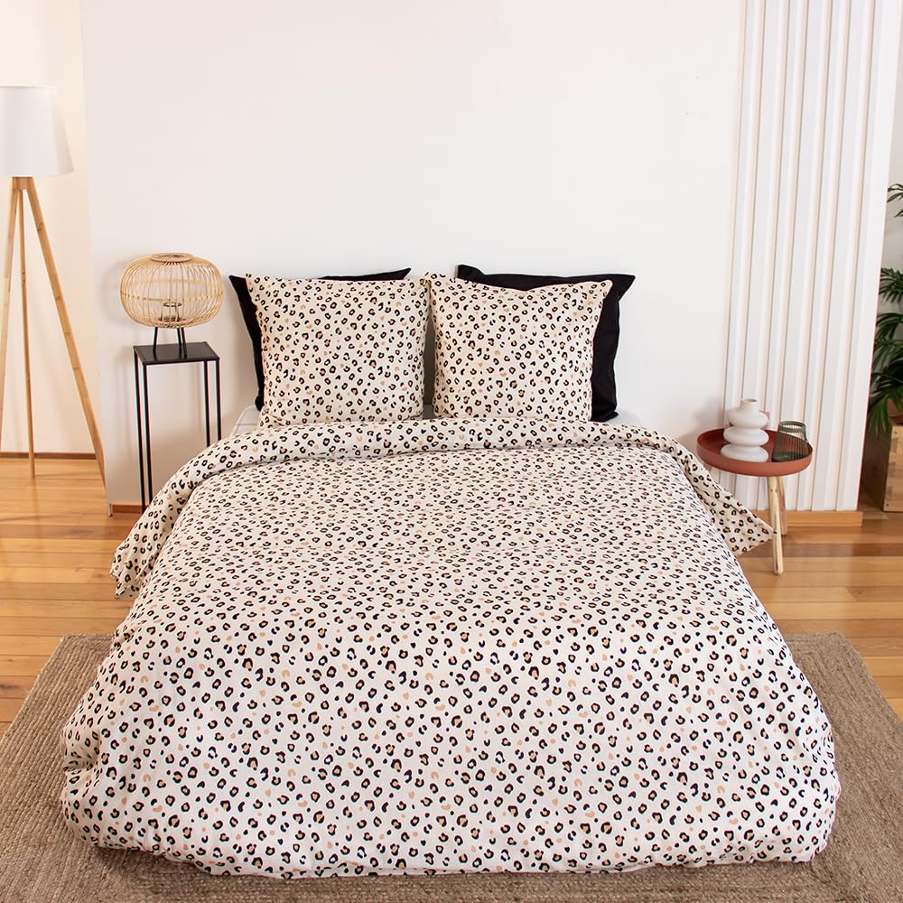 CÔTE DECO Parure de Lit 240x260cm Léopard Beige - Coton– 3 pièces | 1 Housse de Couette Adulte 240x260cm + 2 Taies d'Oreiller 63x63cm
