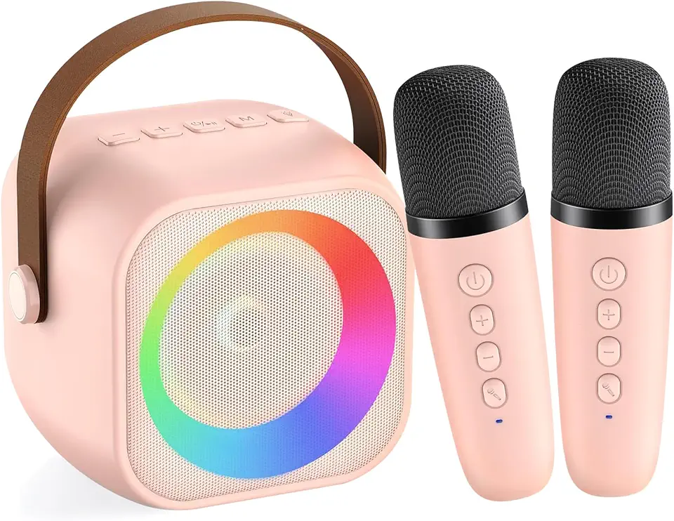 Bärbar karaokemaskin med mikrofoner rosa