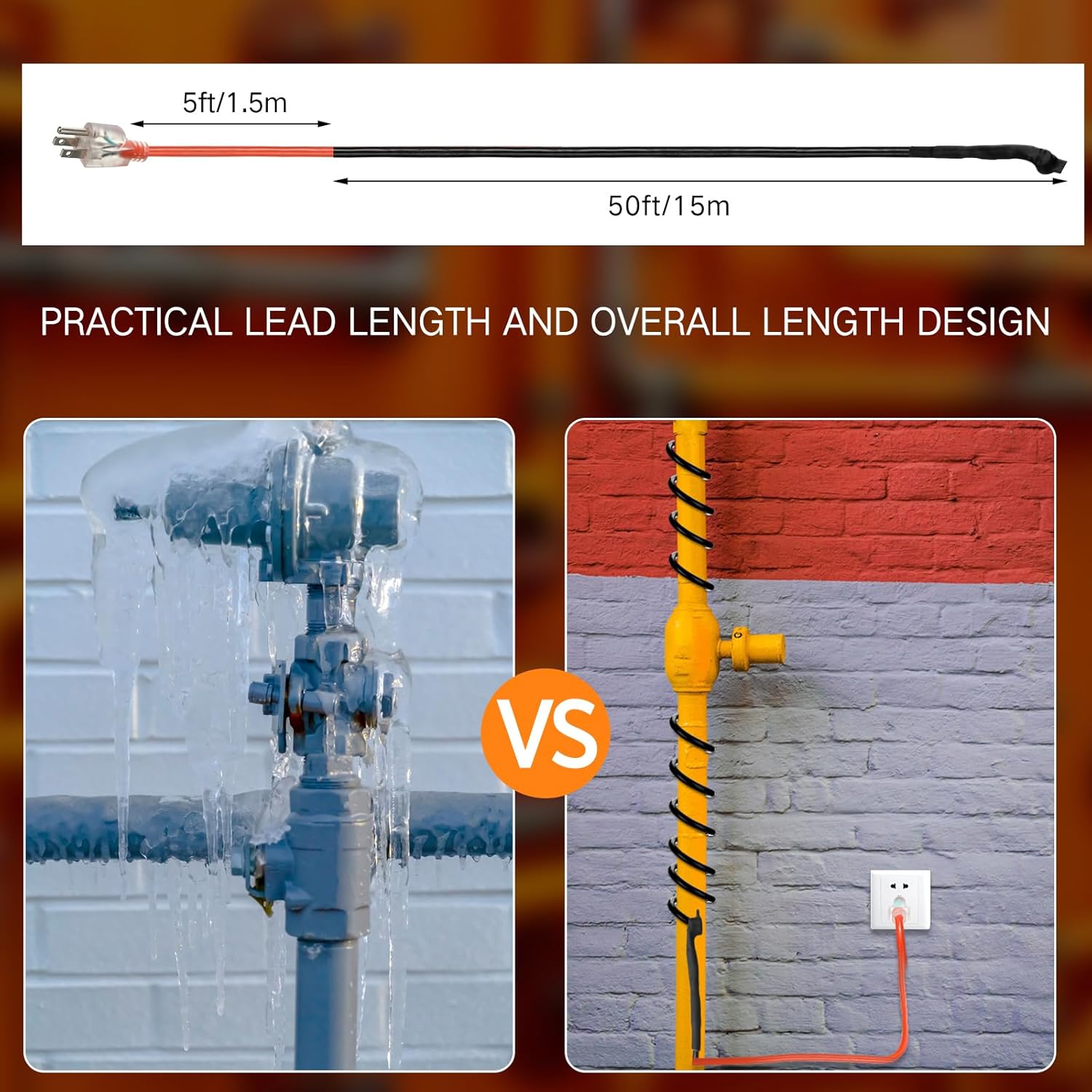 50 Feet Heat Tape for Water Pipes 110v 5 Watts/ft Electric Heating Cable Roof Snow Deicing Cable for Roof and Gutters for Metal and Plastic Pipe Freeze Protection