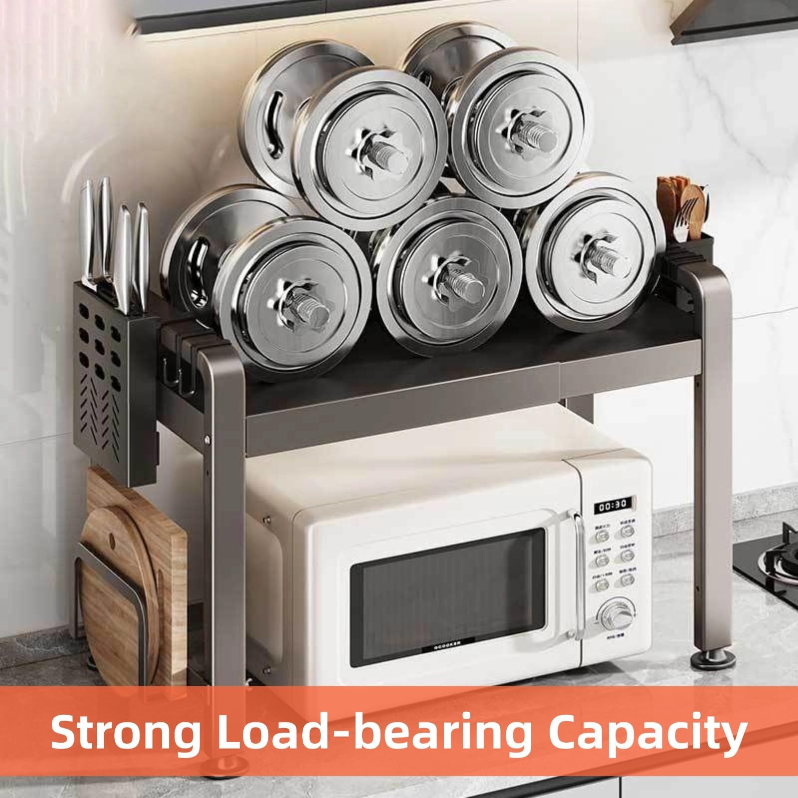 Mensola espandibile per microonde con 6 ganci, supporto estraibile per forno a microonde, 2 livelli, supporto per forno a microonde, scaffale con organizer per piani di lavoro della cucina