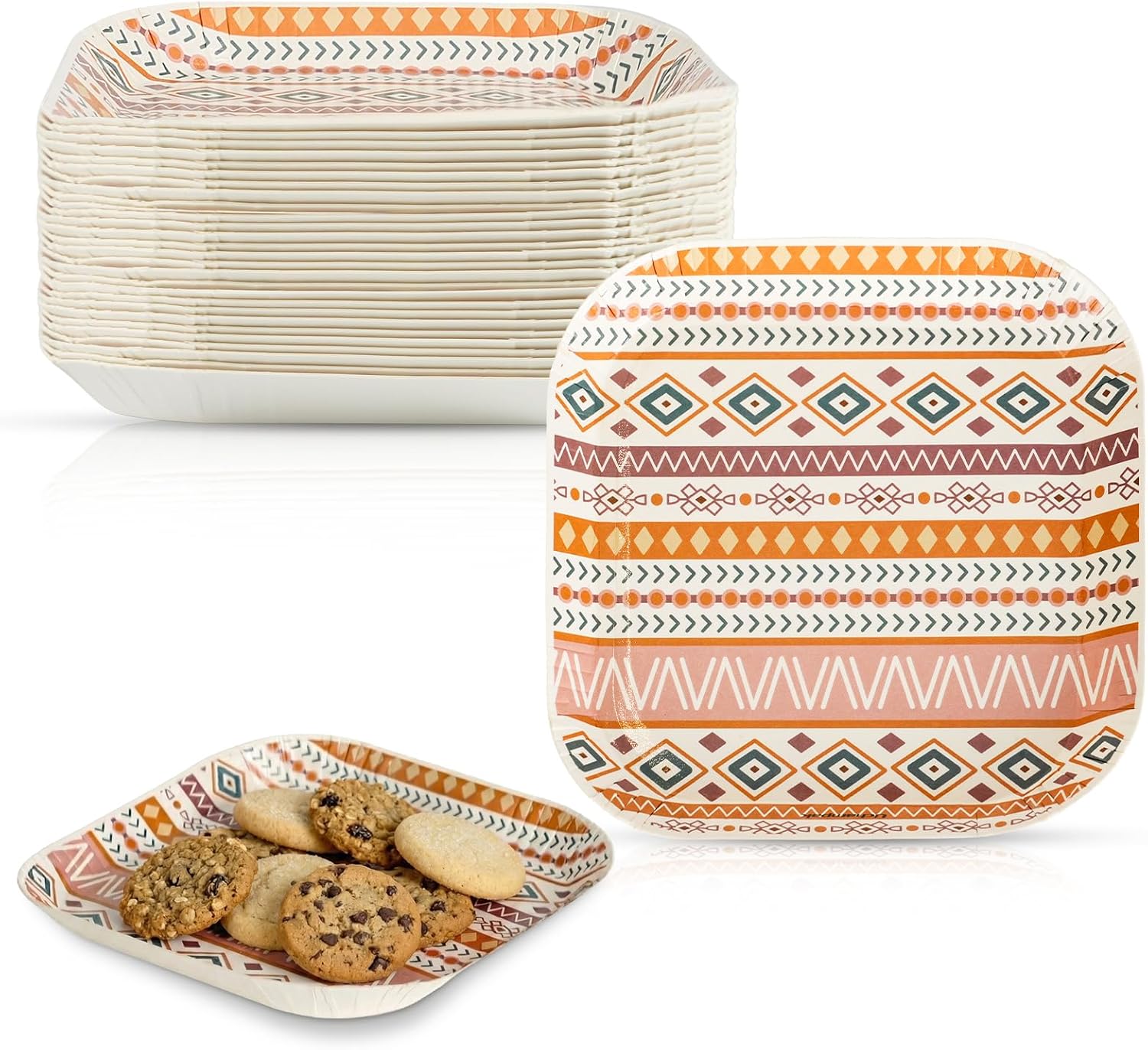 30 Pack Small Paper Plates 5 Inch, Boho Mini Square Paper Plates, Bohemia Style Heavy Duty Disposable Plates for Cake Appetizer Desserts Birthday Party Supplies (Style 3)