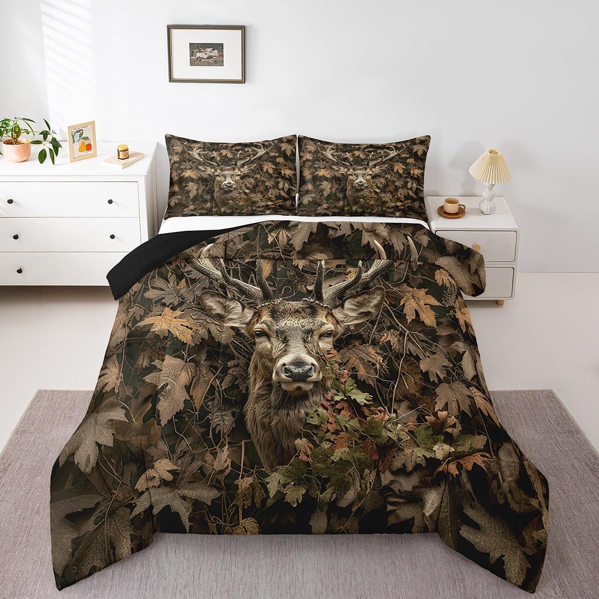 Feelyou Cute Deer Bedding Set Deer Hunting Comforter Set for Kids Boys Girls Teens Room Decor Camouflage Antlers Tree Branches Leaves Rustic Cabin Comforter Queen Size Brown Duvet Set 3Pcs