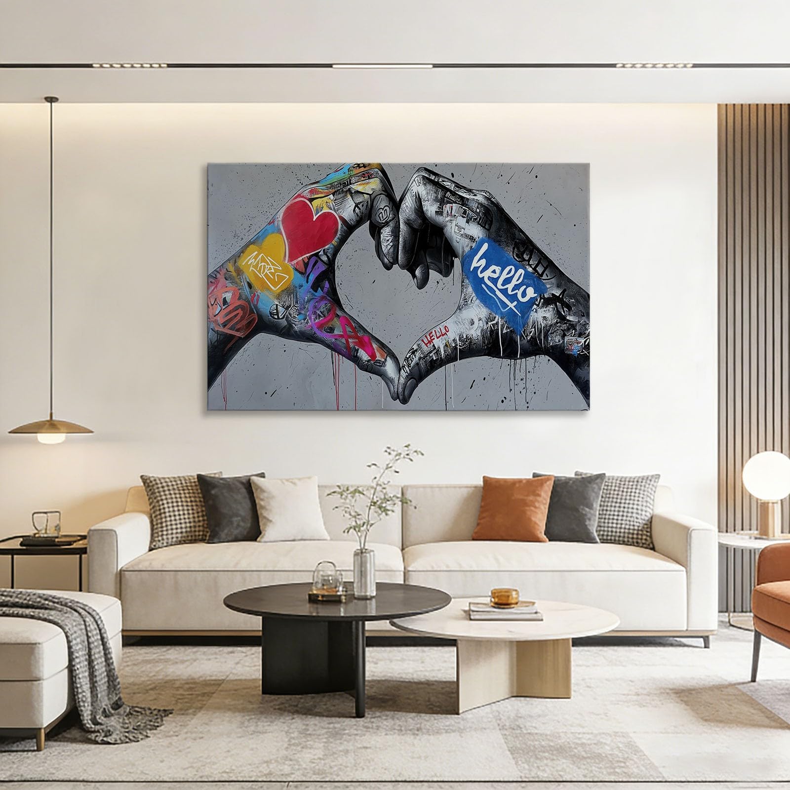 Stampa artistica da parete su tela con mani a forma di cuore e graffiti, stampe su tela per soggiorno, camera da letto, ufficio, grigio impermeabile, per bagno, 99 x 50,8 cm, senza cornice
