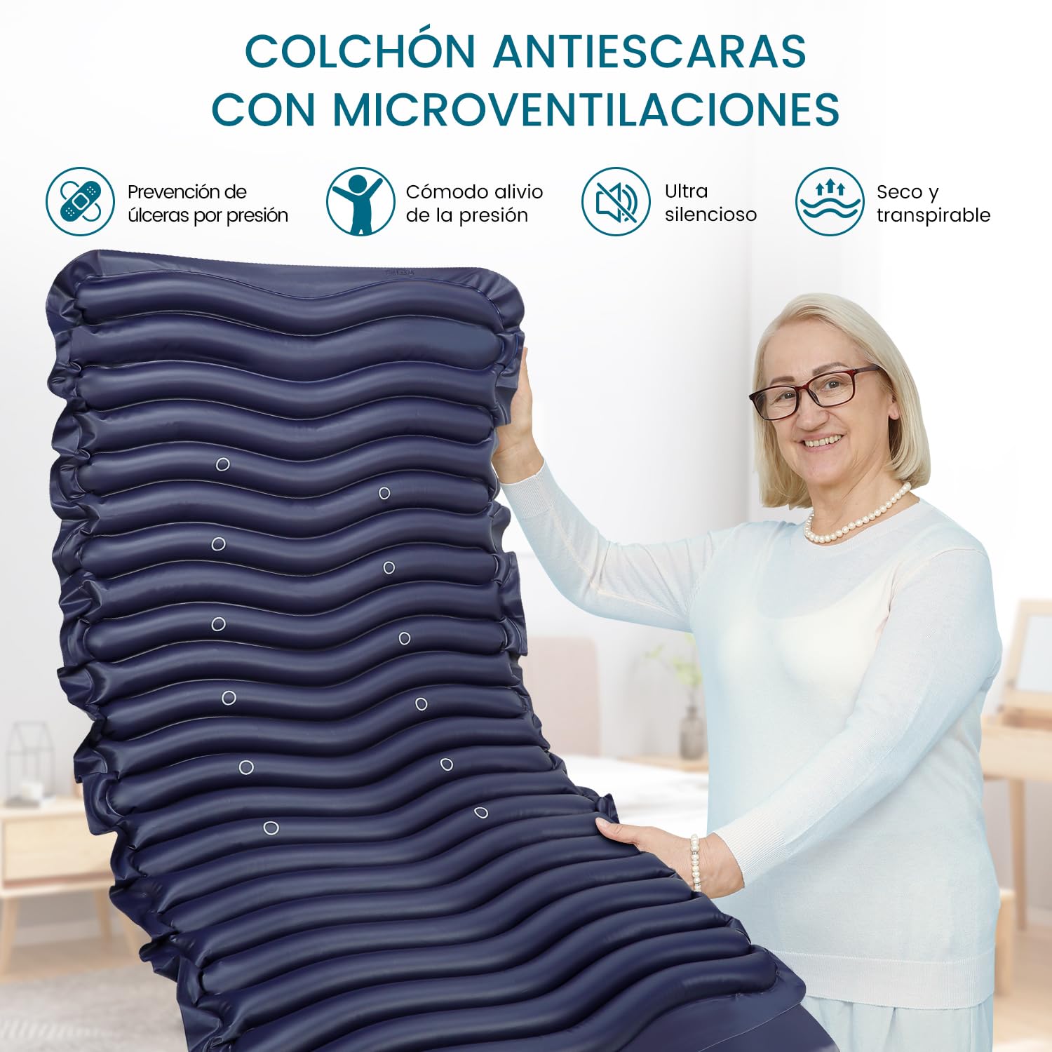 Kekoy Colchón Antiescaras a Presión Alternada: Impermeable, Bomba Silenciosa, con Microventilaciones | Prevención de Escaras para Hospitales, Hogares, Camas Médicas - 190 x 90 cm (Azul)
