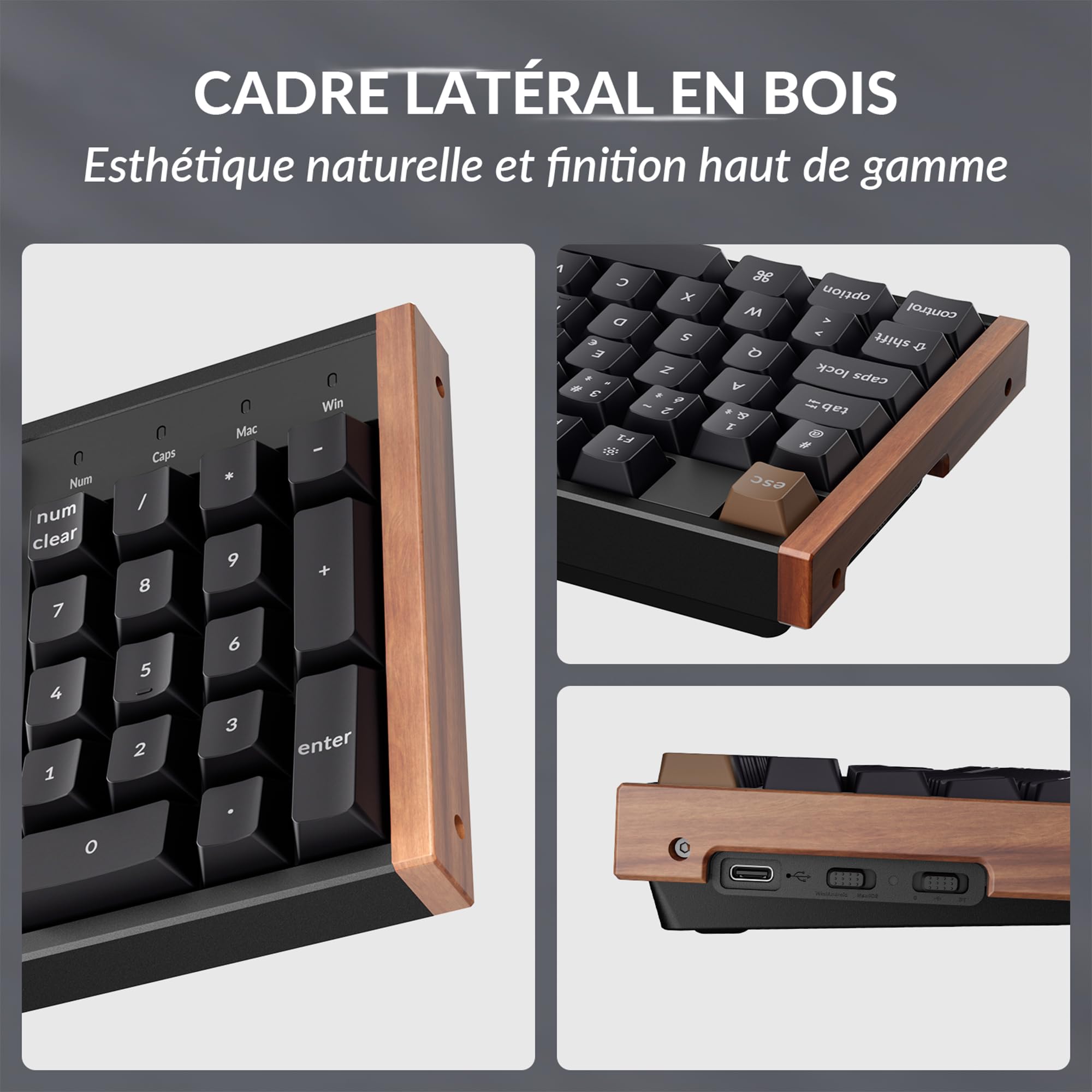 Keychron K10 HE Clavier AZERTY Magnétique sans Fil, 100% ISO-FR Layout, Point d’Activation Réglable, RGB, Touches PBT à Profil Cherry Sublimées, pour Mac/Windows/Linux, Cadre Latéral en Bois, Noir