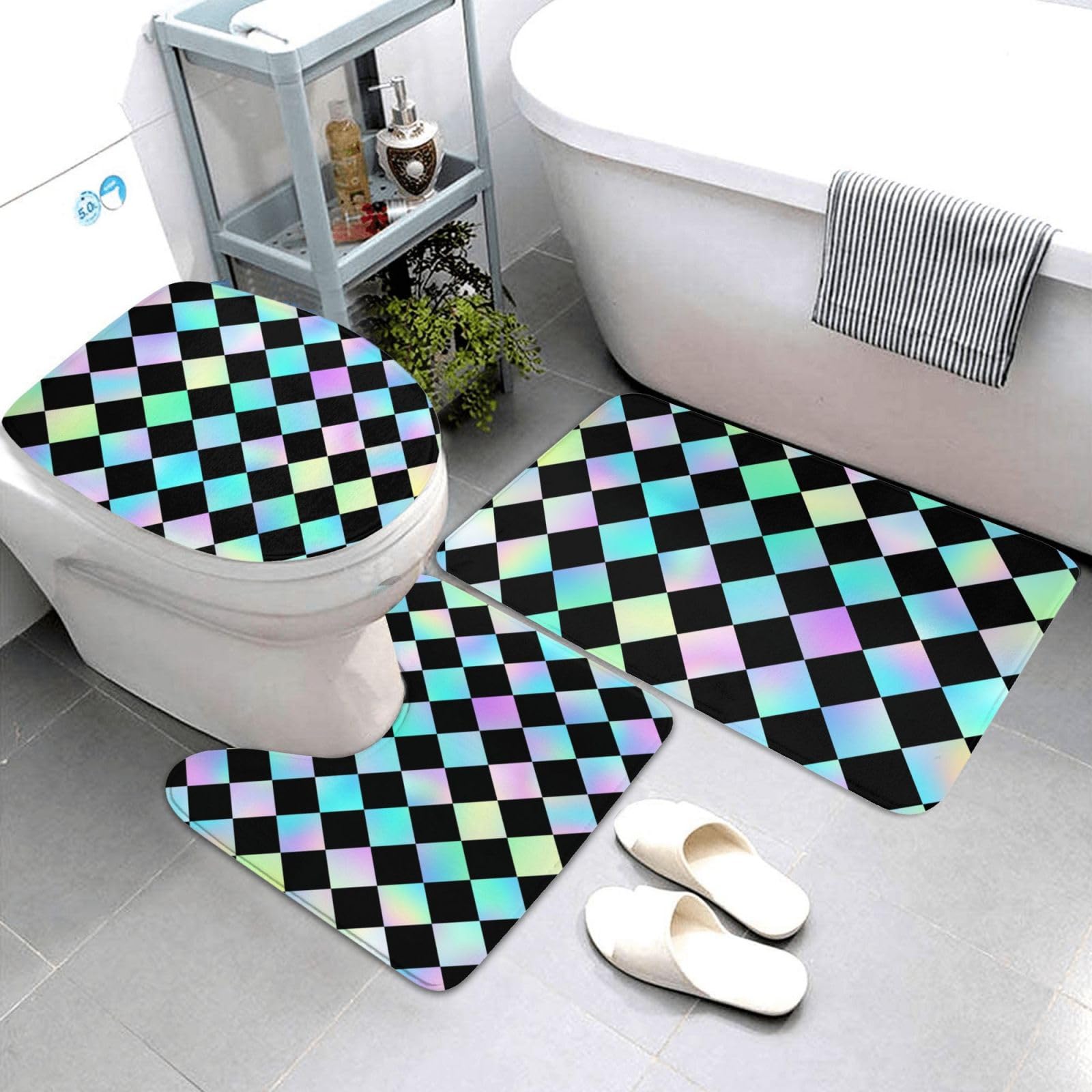 Lot de 3 tapis de salle de bain à carreaux irisés avec contour WC en U
