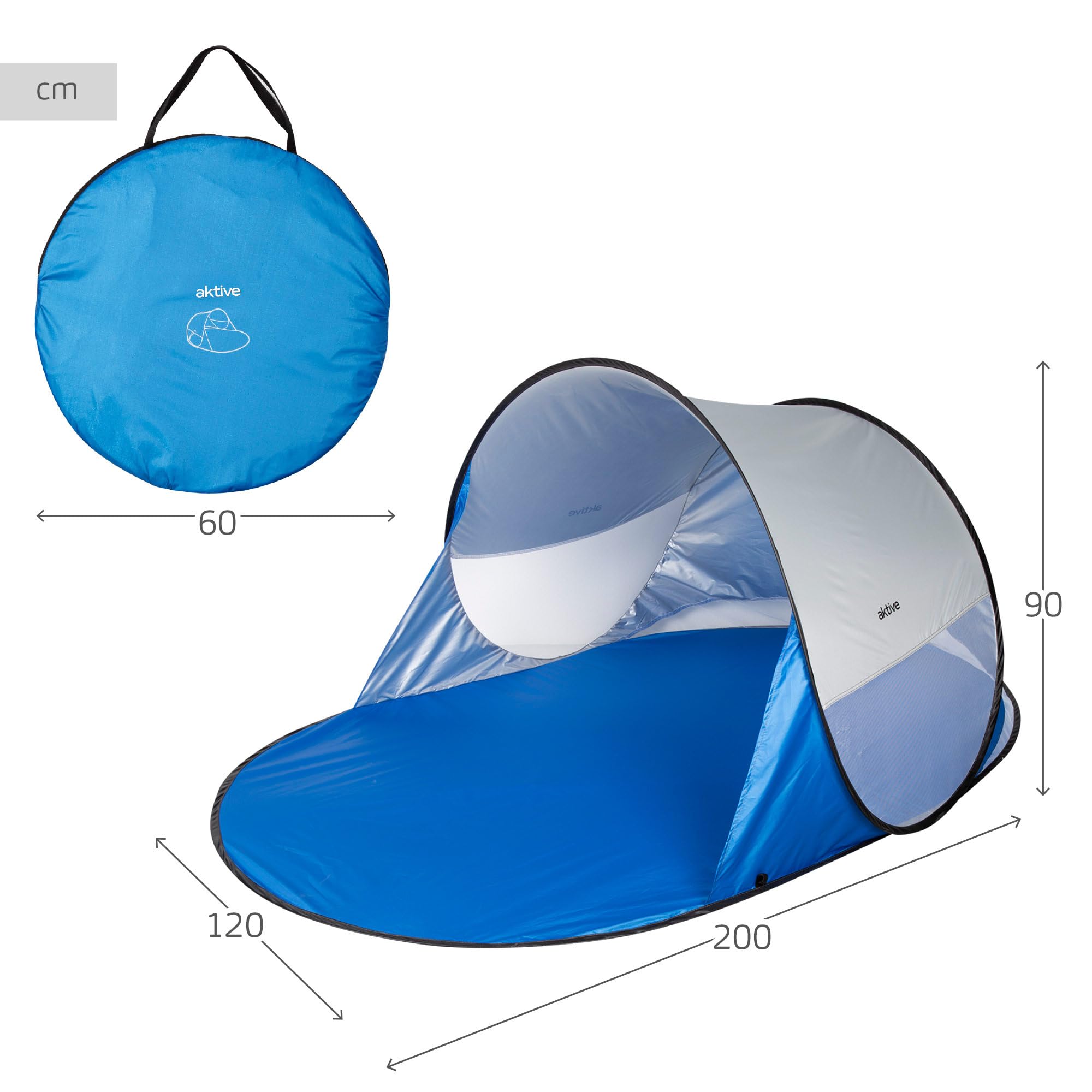 AKTIVE Tenda da spiaggia, Pop up, 120 x 200 x 90 cm, 2 persone, protezione UV50, rivestimento interno argento, include picchetti, colonna d'acqua 300 mm, borsa per il trasporto, tende pieghevoli