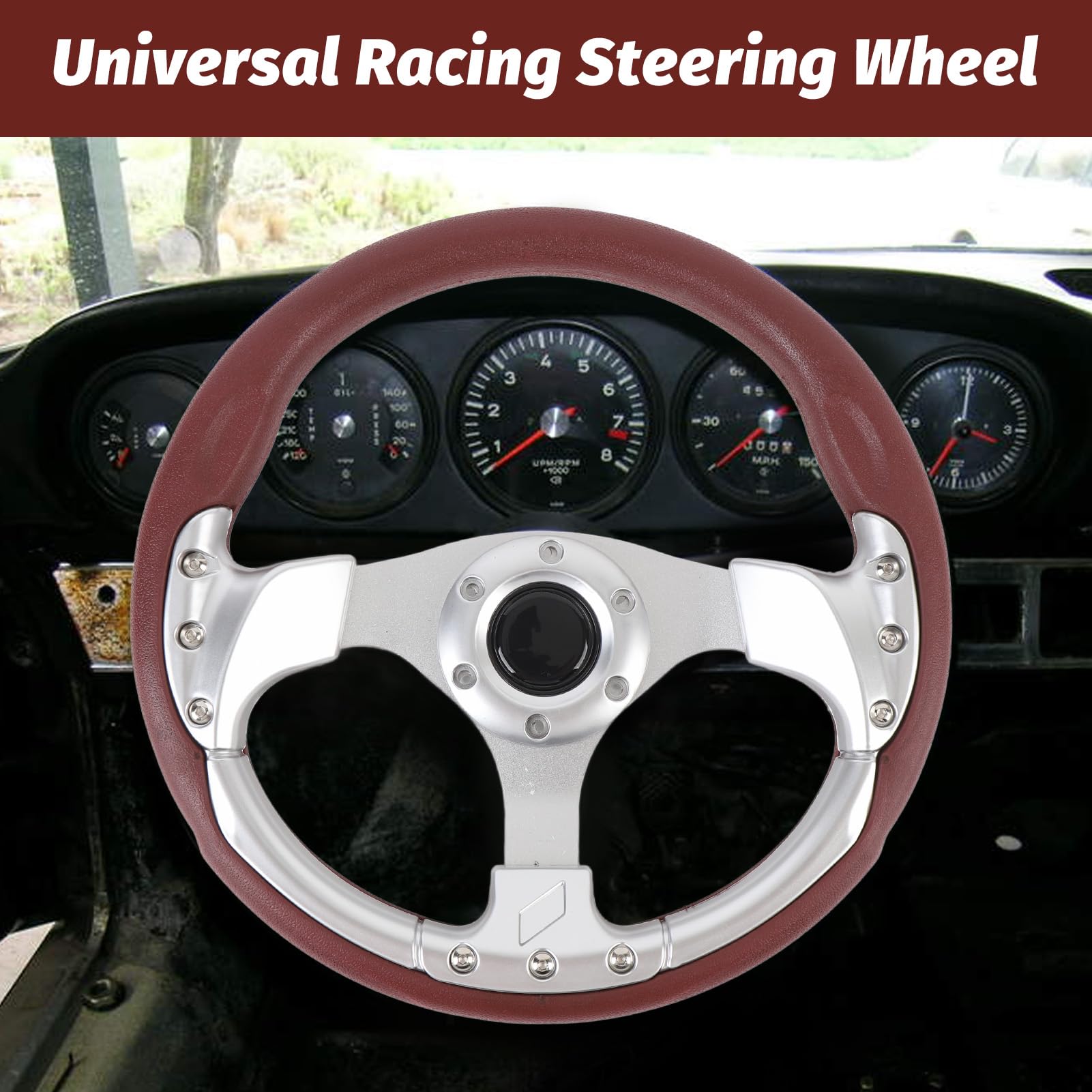 Volante 13 Pollici, Volante Stile in Pelle PU con Raggi in Alluminio, Volante Sportivo Universale per Auto a 6 Bulloni (SILVER)