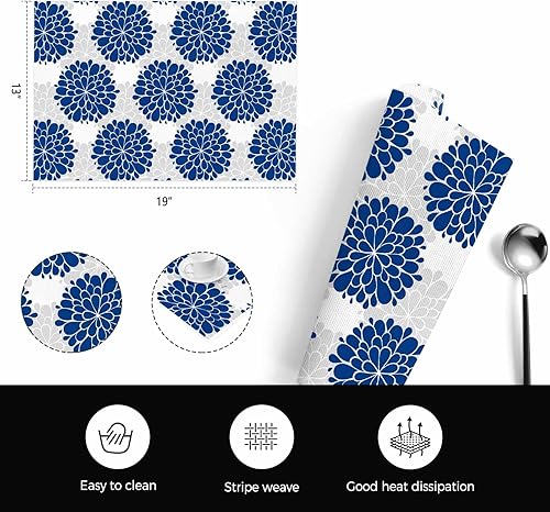 Miniatura 6 de Juego de 4 manteles individuales de flores azules, manteles individuales de PVC lavables, manteles individuales de vinilo tejido gris con hortensias