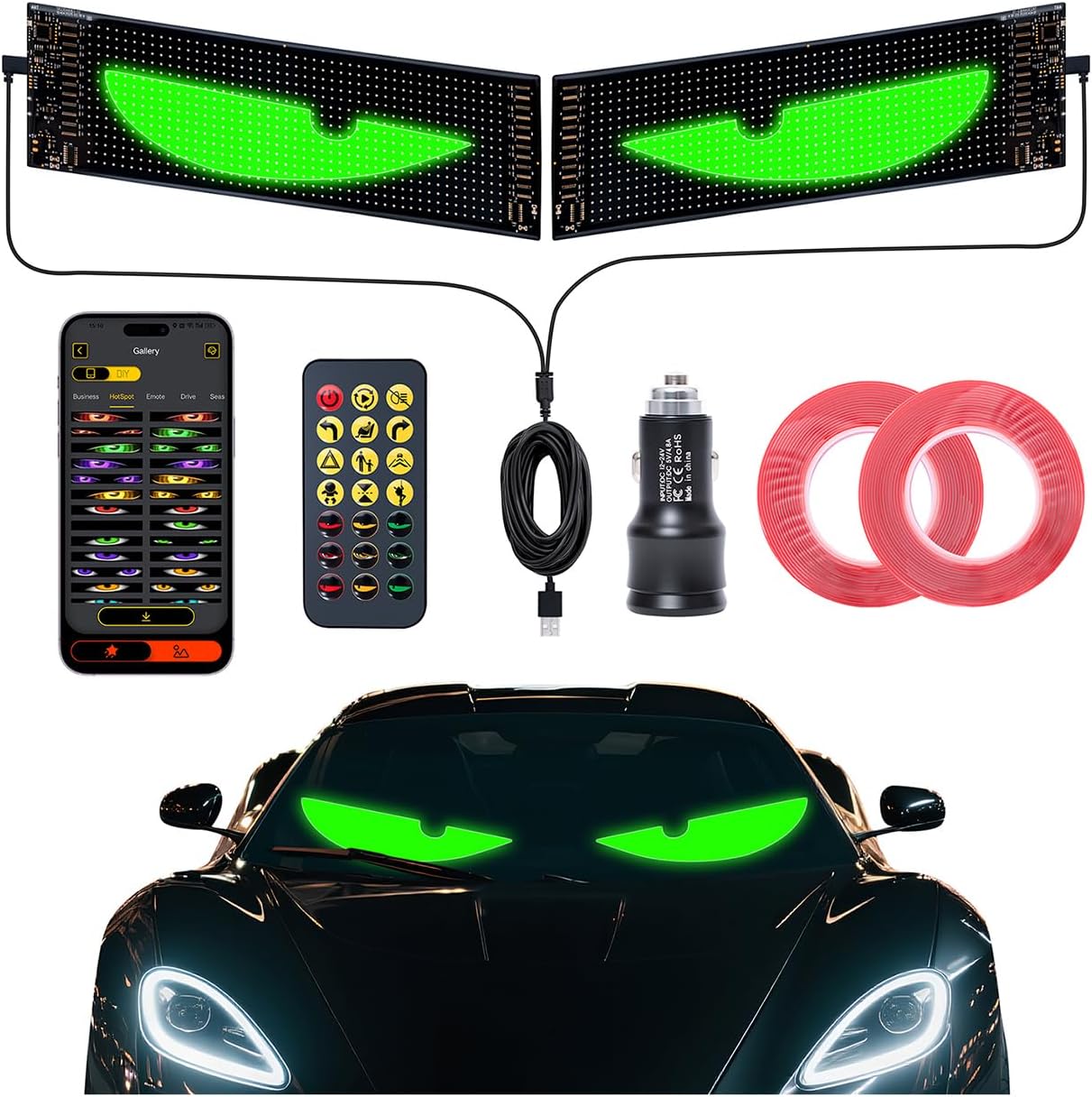 led Lights for car - Custom led Sign，Devil Eyes Light for Windshield with Dynamic Patterns, APP/Remote Control, IP68 Waterproof, USB Powered for Cars/Trucks/RVs，2PCS （23.4"x4.7"）