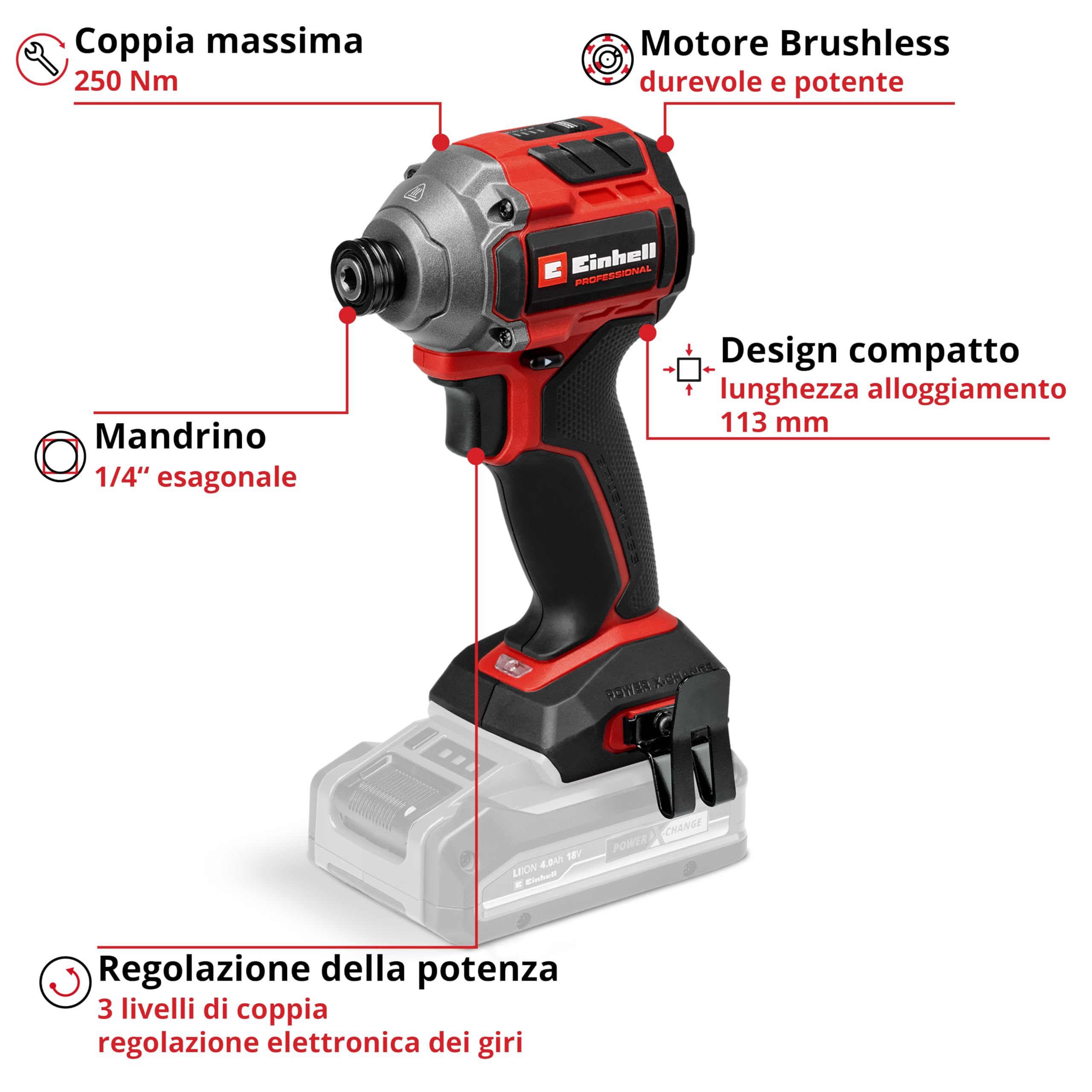 Trapano a percussione a batteria Einhell Professional TP-CI 18/250-C Li BL-Solo Power X-Change (18 V, 250 Nm, Brushless, mandrino esagonale, luce LED, batteria esclusa)