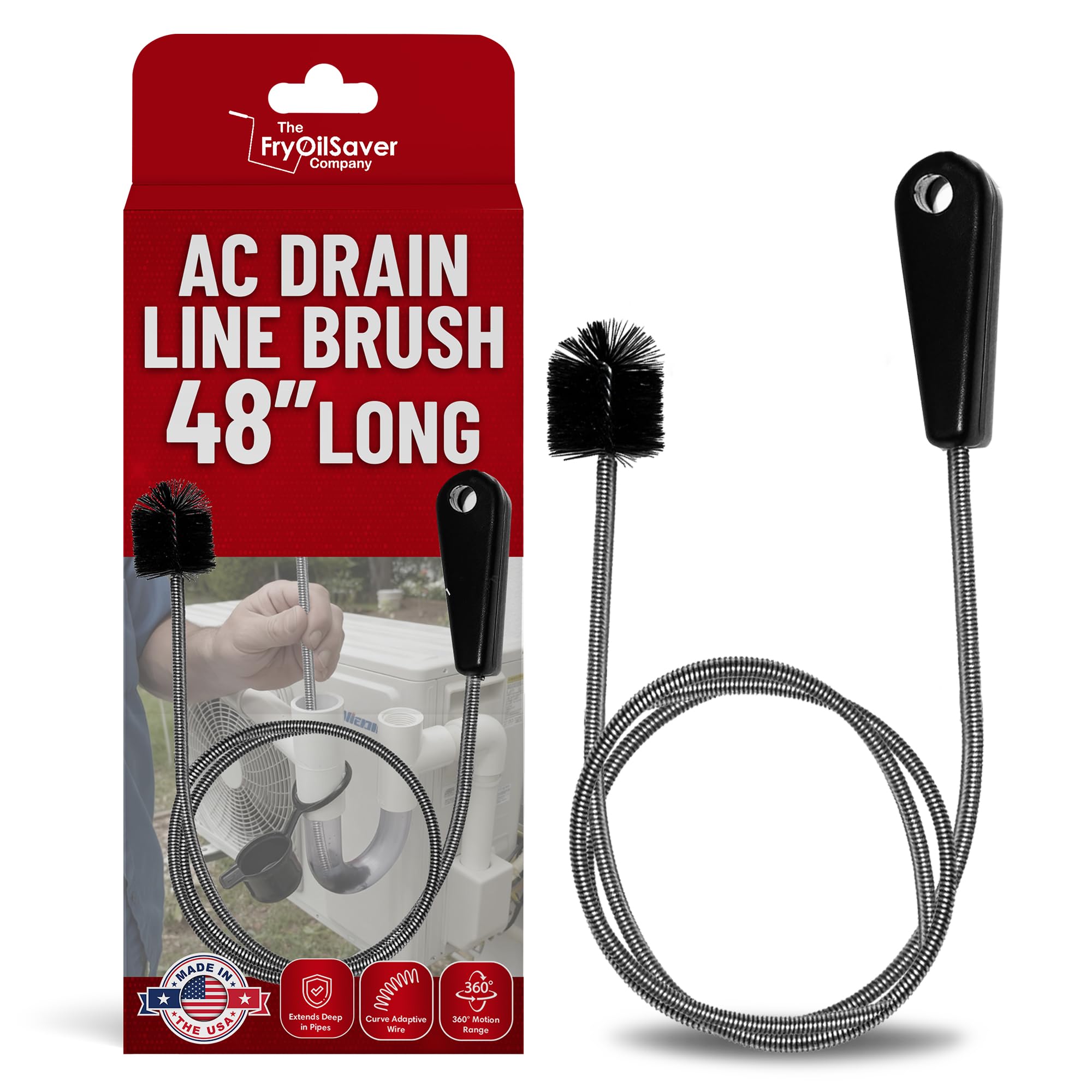 48" Flexible Long Pipe Brush | AC Drain Cleaner Tool | Sink Line Unclogger | Condensate Line Cleaning Brush | Easy Cleaning Flexible Drain Snake for Food, Hair & Clog Removal by FryOilSaver Co. B313C